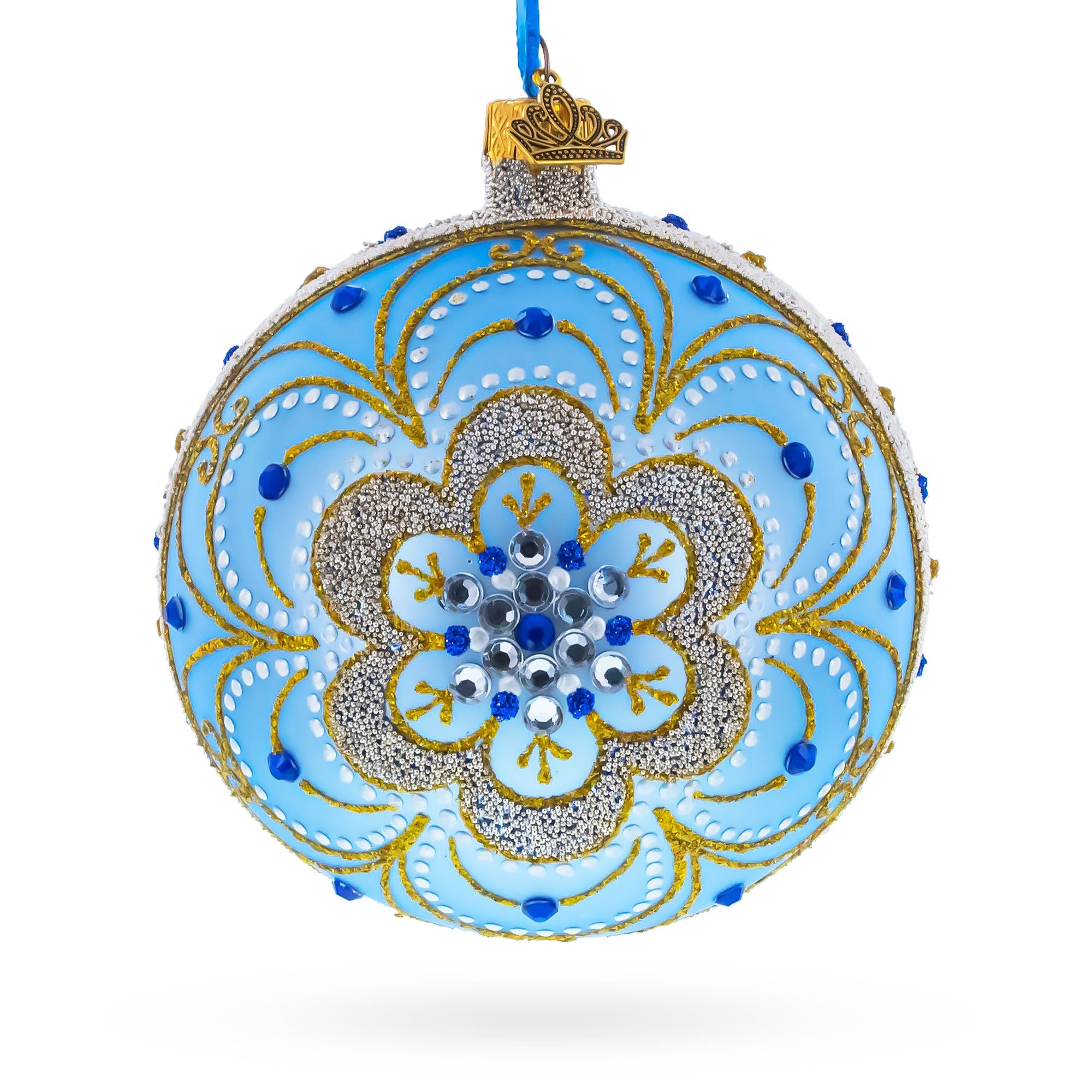 Baroque Filigree with Gemstones on Blue Glass Ball Christmas Ornament 4 Inches