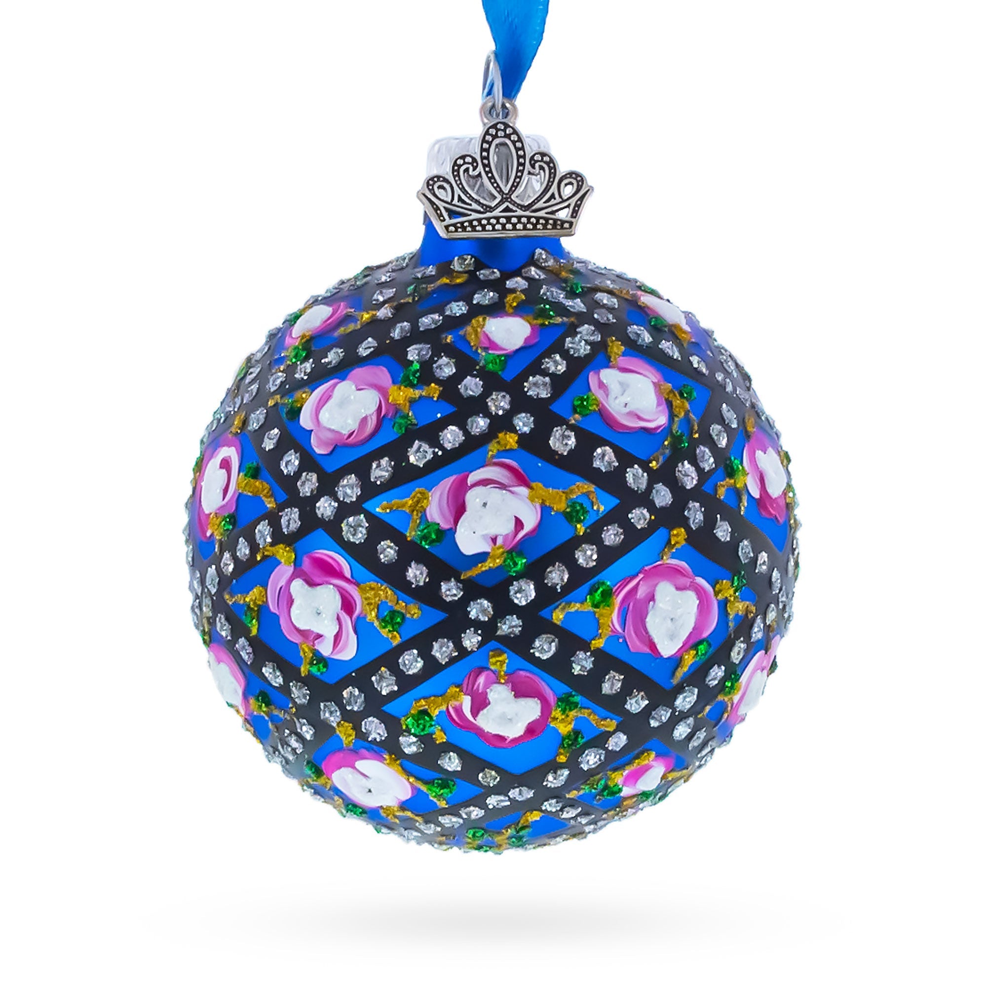 1907 Rose Trellis Royal Green Glass Ball Christmas Ornament 2.4 Inches