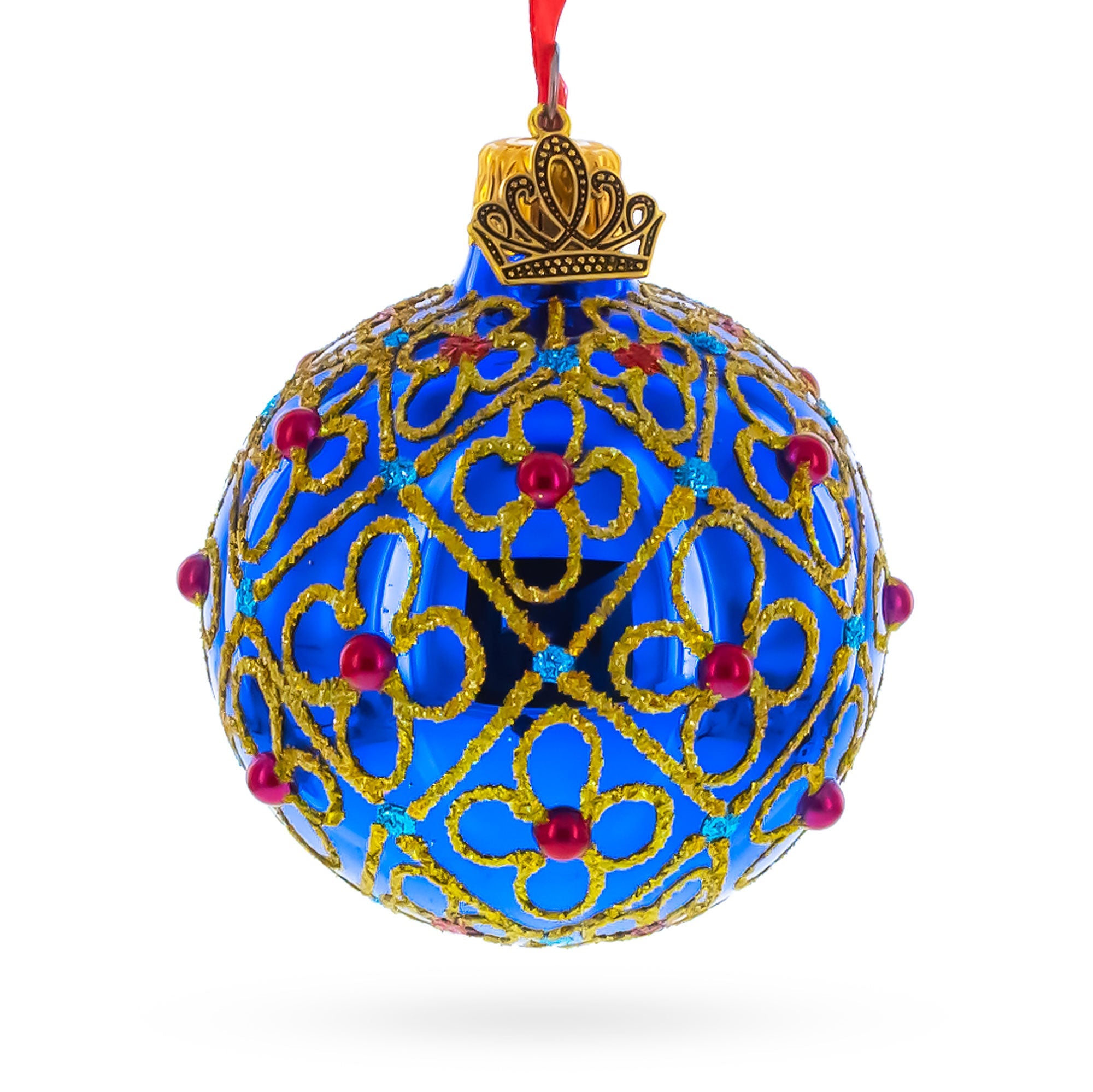 Red Beads, Blue Crystals & Filigree Trellis Glitter on Gold Glass Ball Ornament 2.4 Inches