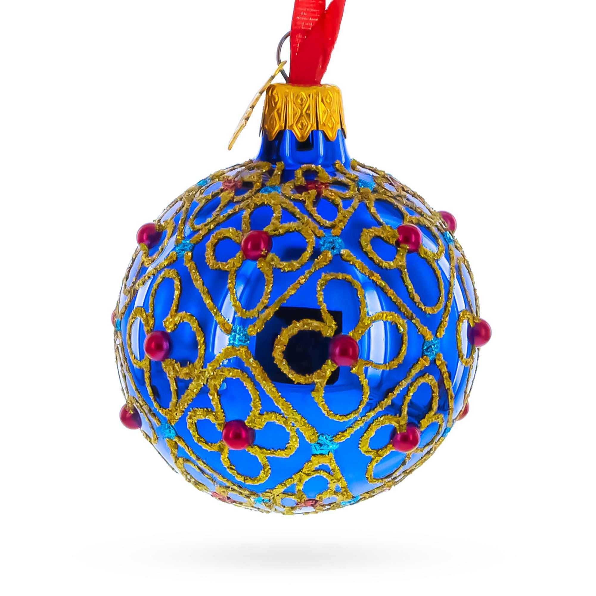 Red Beads, Blue Crystals & Filigree Trellis Glitter on Gold Glass Ball Ornament 2.4 Inches