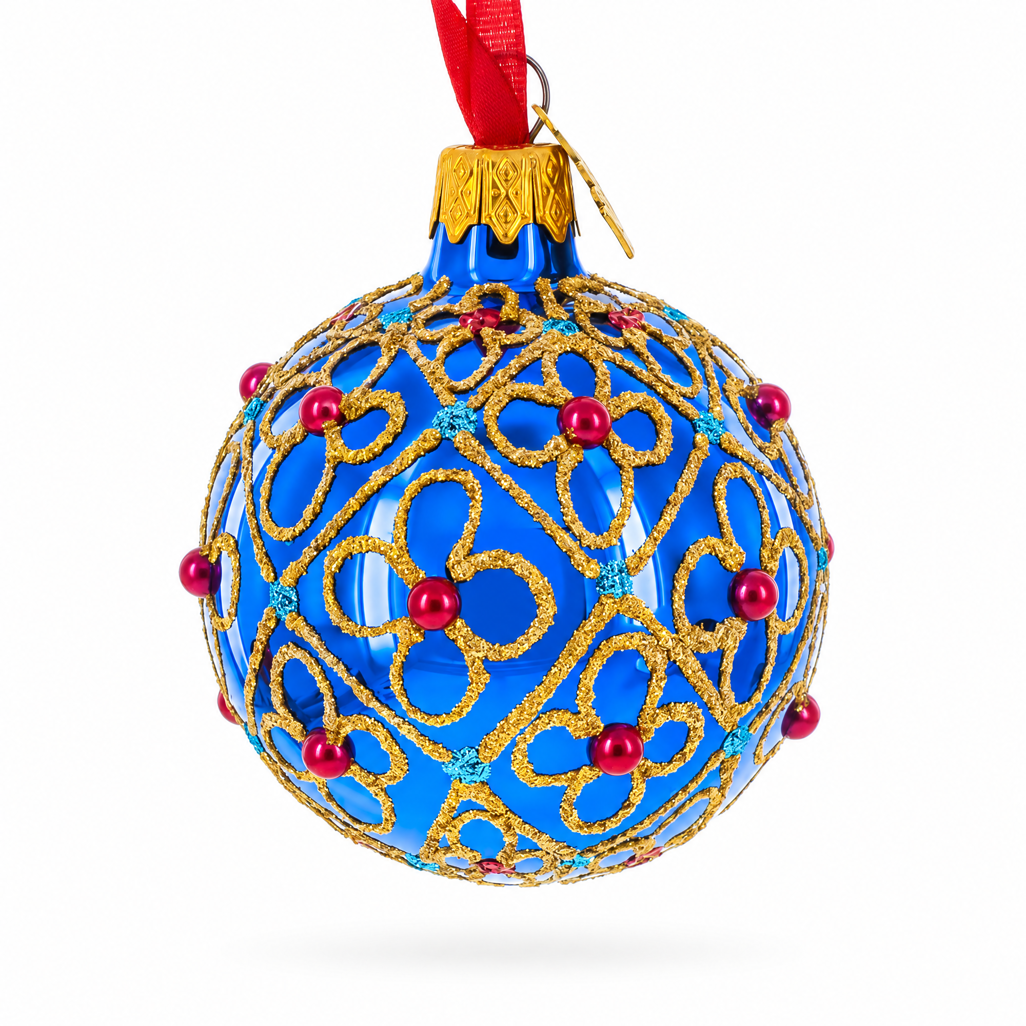 Red Beads, Blue Crystals & Filigree Trellis Glitter on Gold Glass Ball Ornament 2.4 Inches