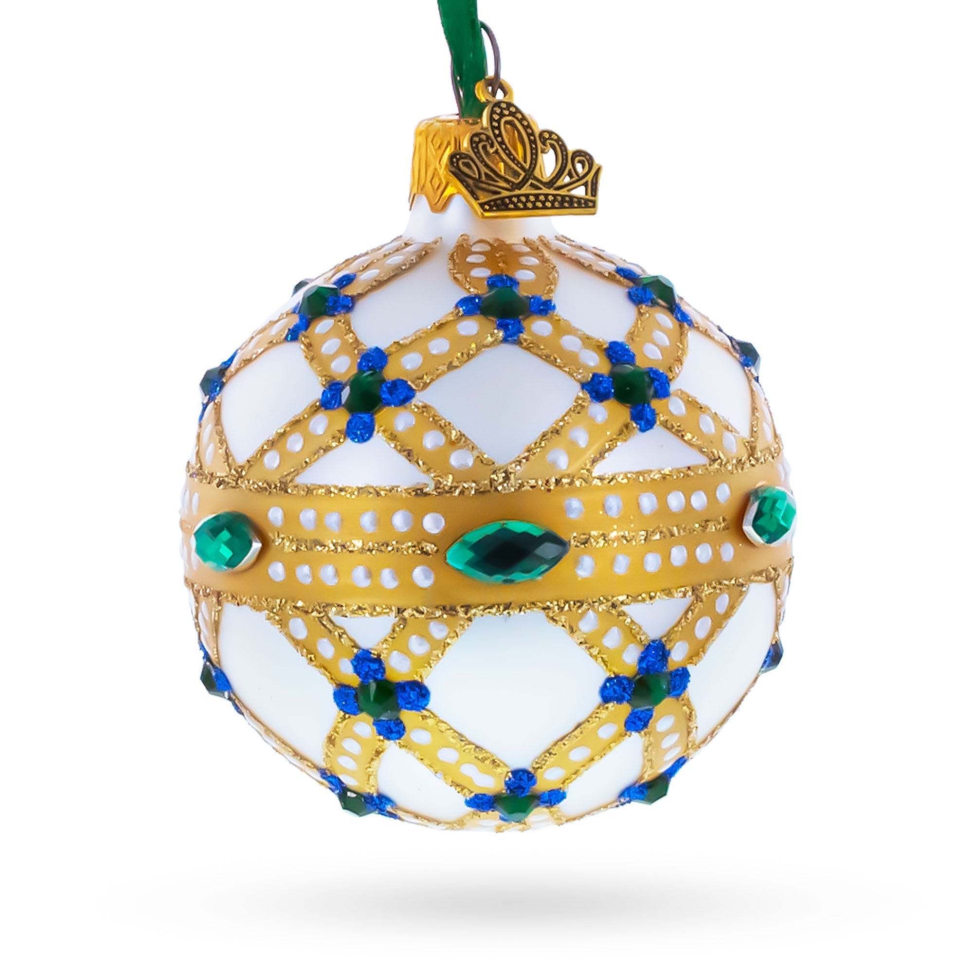Yellow Trellis, Green Gems & Royal Blue Accents Glass Ball Christmas Ornament 2.4 Inches