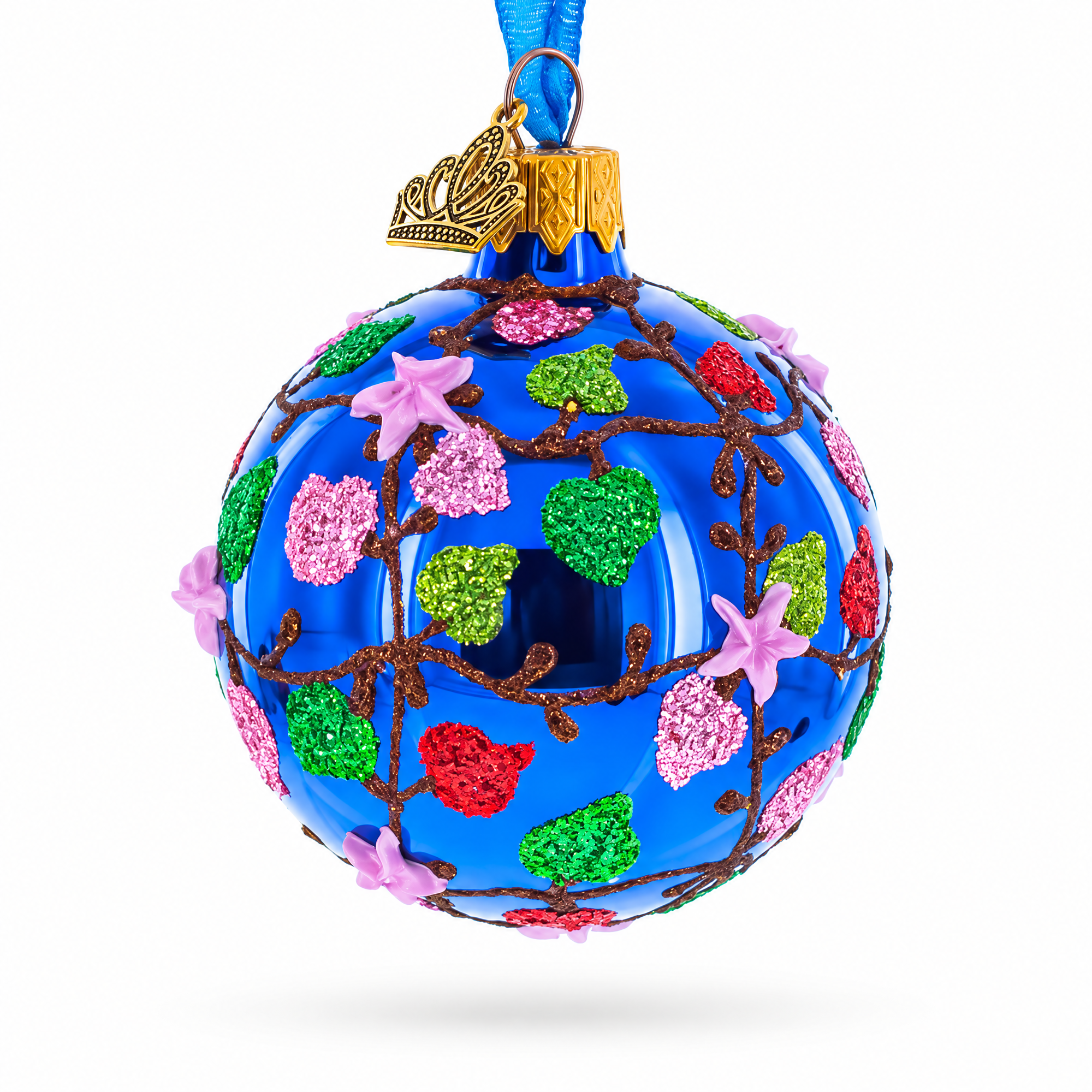 Vibrant Pink Heart Vines with 3D Roses Glass Ball Christmas Ornament 2.4 Inches