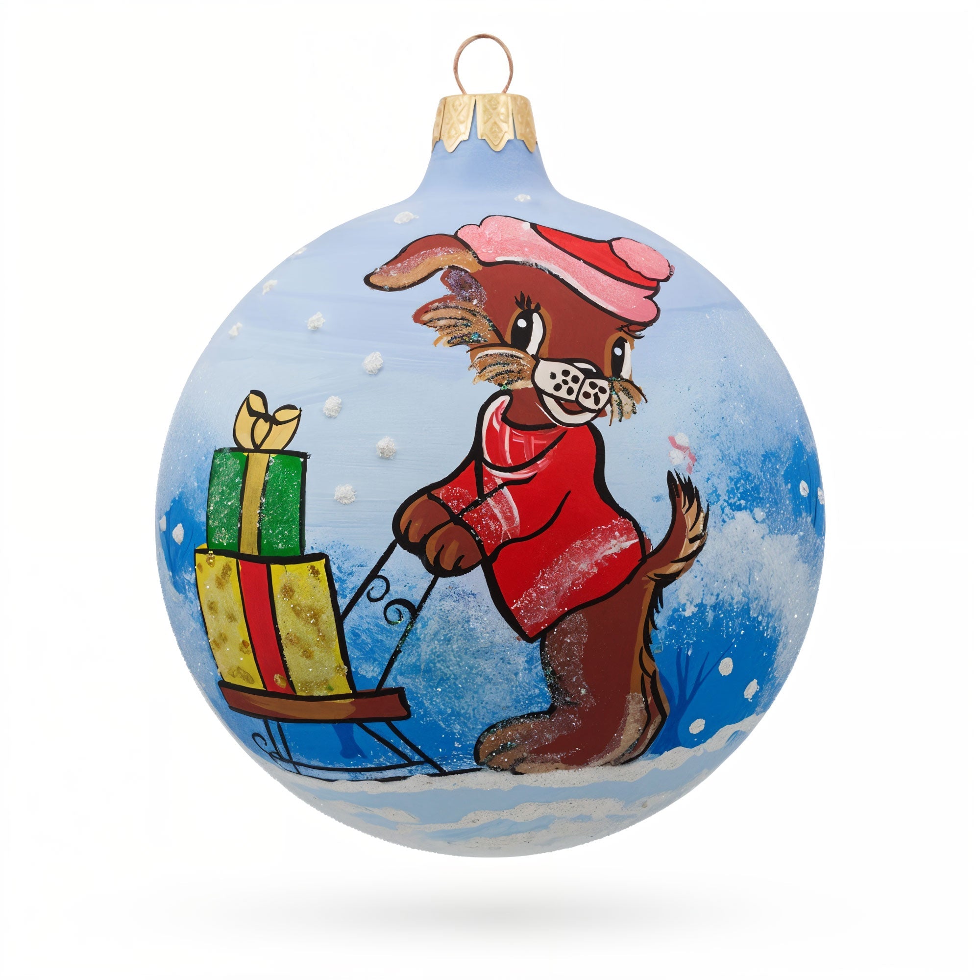 Dog Delivering Christmas Gifts on Sleigh Glass Ball Christmas Ornament 3.25 Inches