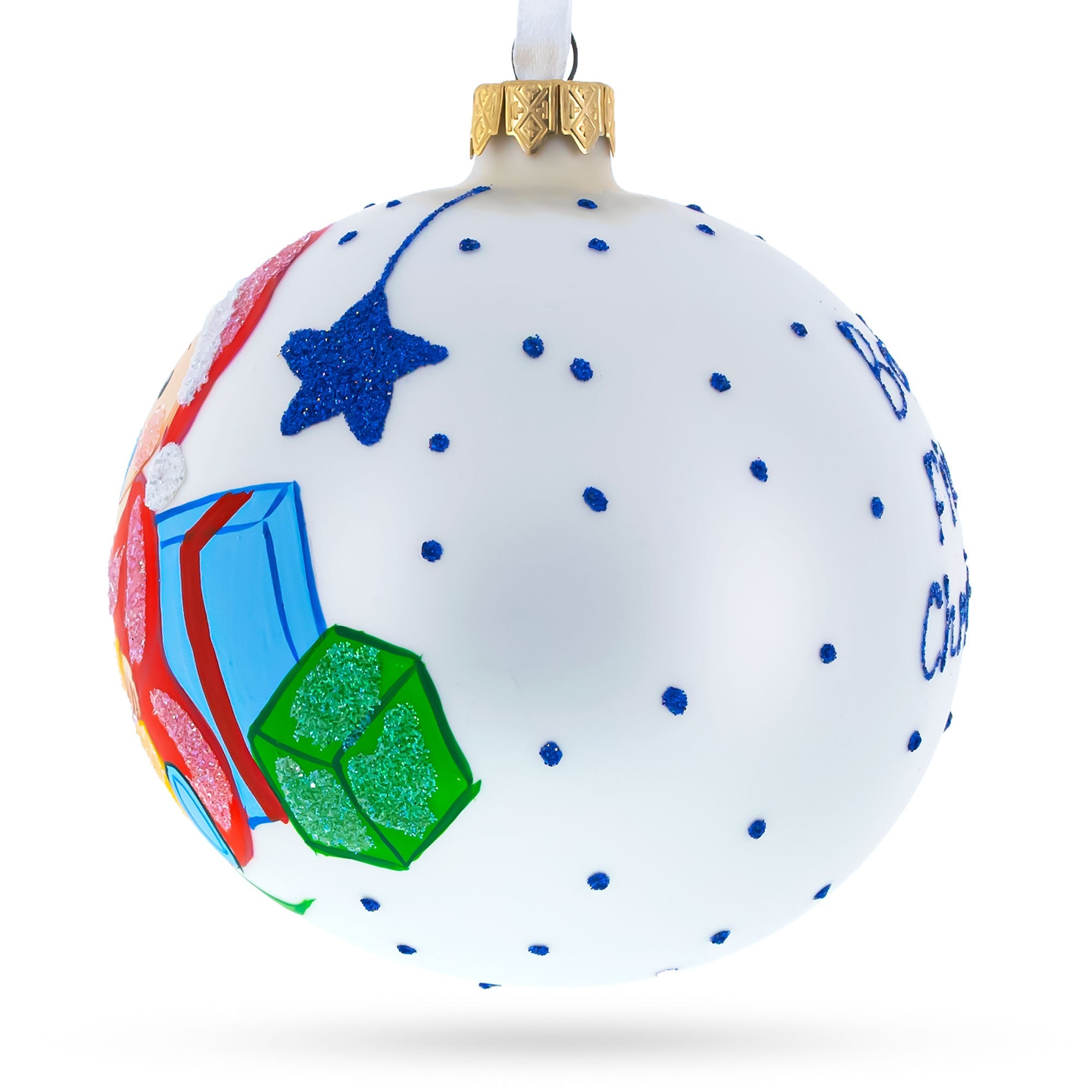 Boy Opening Gift Glass Ball Baby's First Christmas Ornament 4 Inches