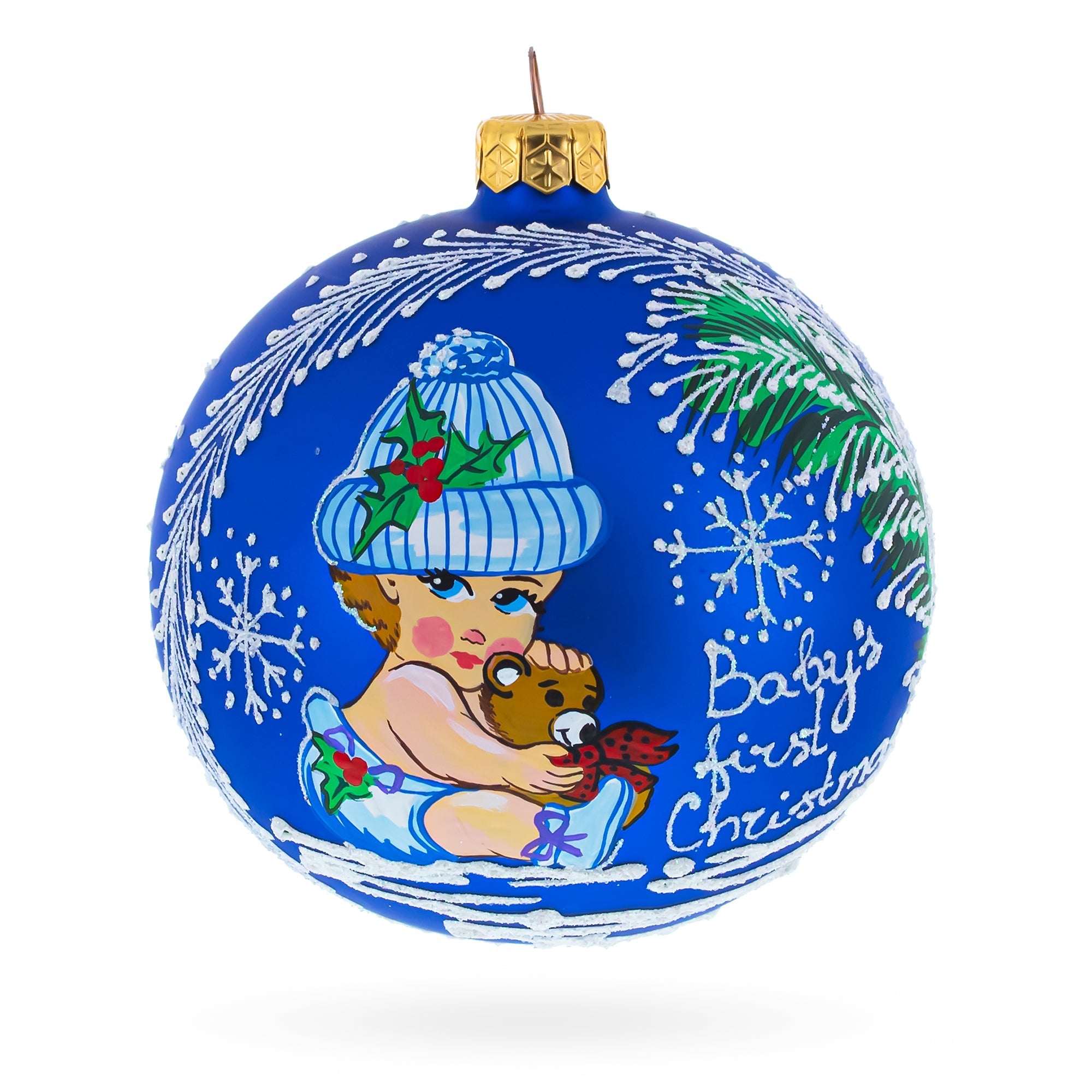Girl Hugging Teddy Bear Glass Ball Baby's First Christmas Ornament 4 Inches