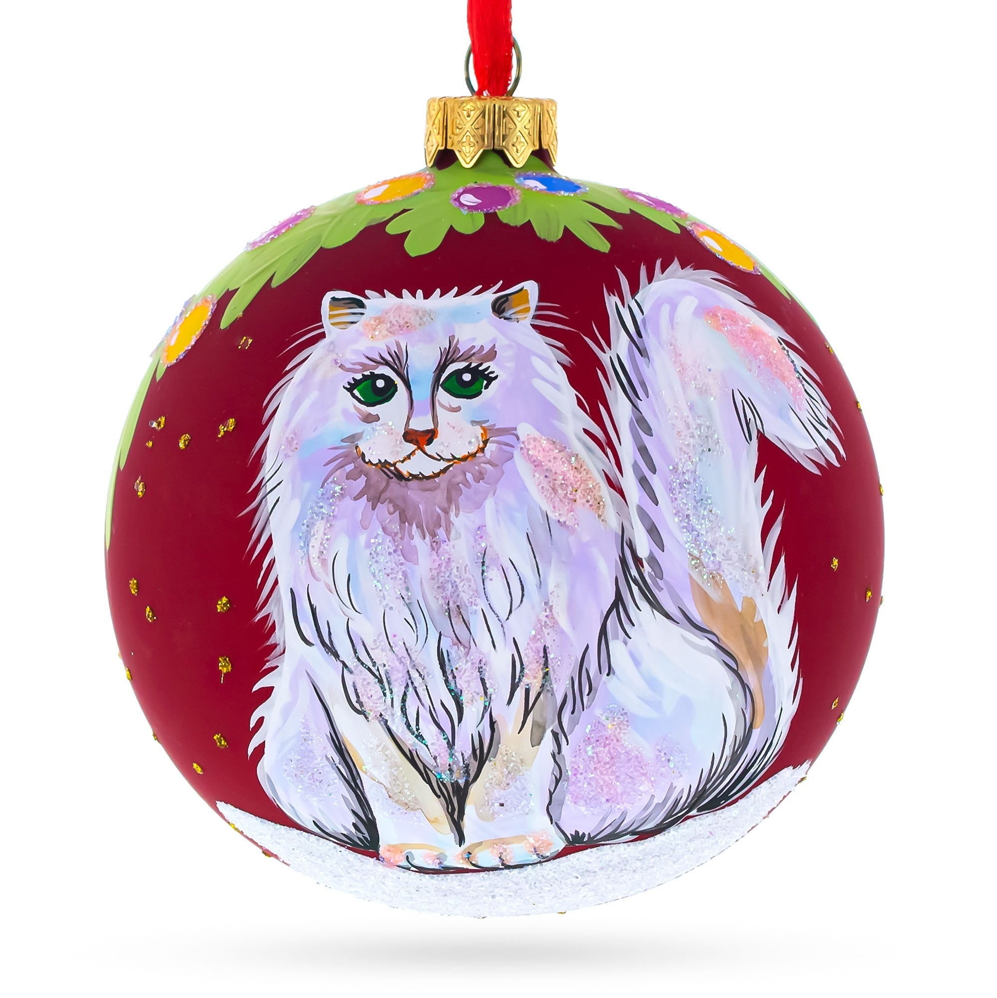 Fluffy White Persian Cat Glass Ball Christmas Ornament 3.25 Inches
