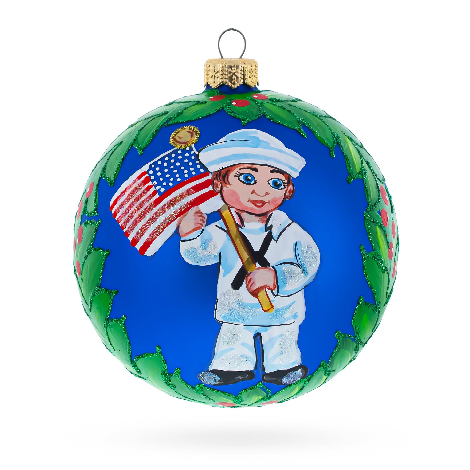 Navy Sailor Boy Holding American Flag Blue Ball Glass Christmas Ornament 4 Inches