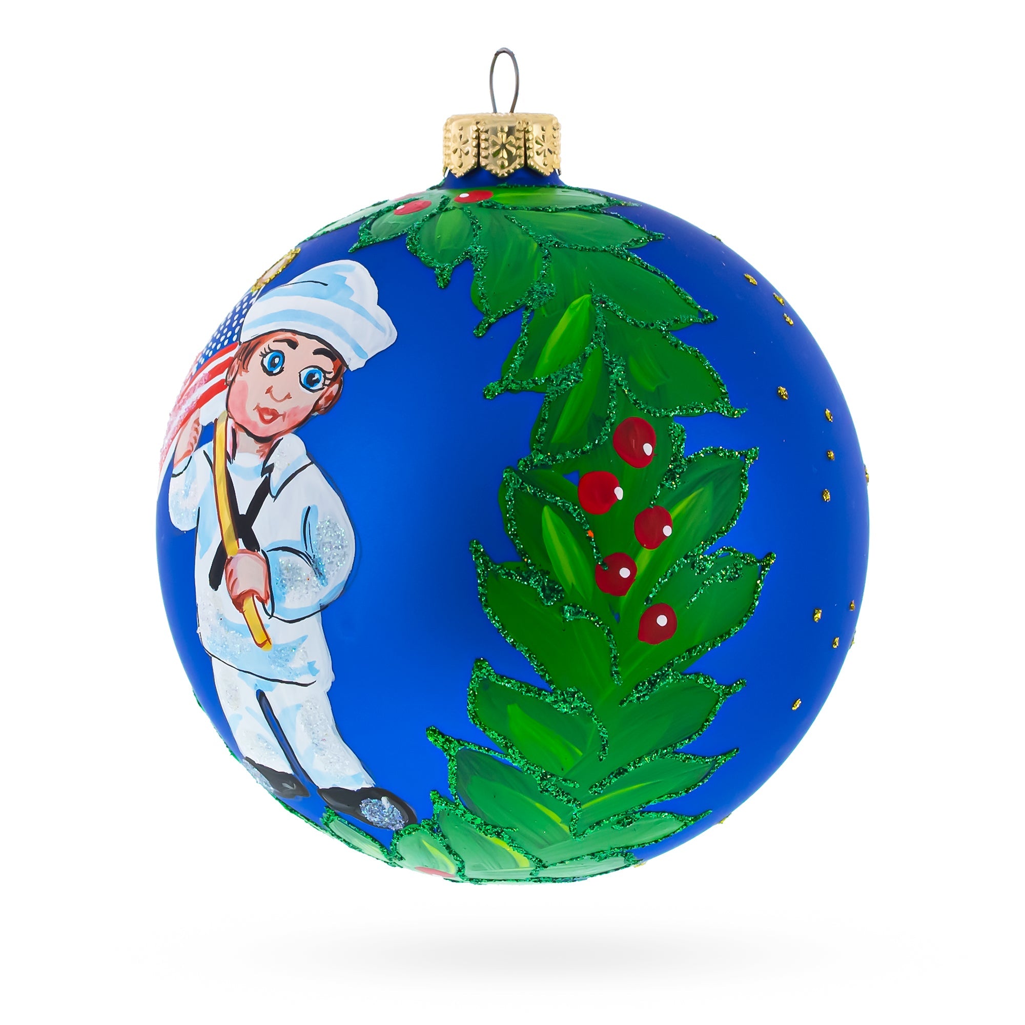 Navy Sailor Boy Holding American Flag Blue Ball Glass Christmas Ornament 4 Inches