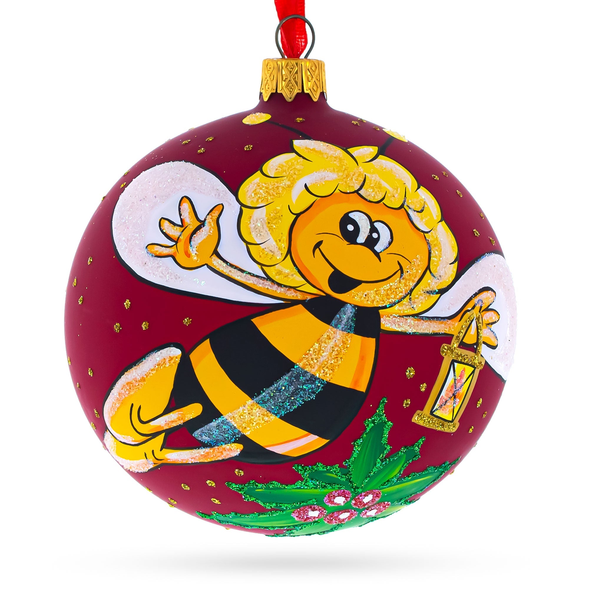Buzzing Bee in Flight Collecting Honey Glass Ball Christmas Ornament 3.25 Inches