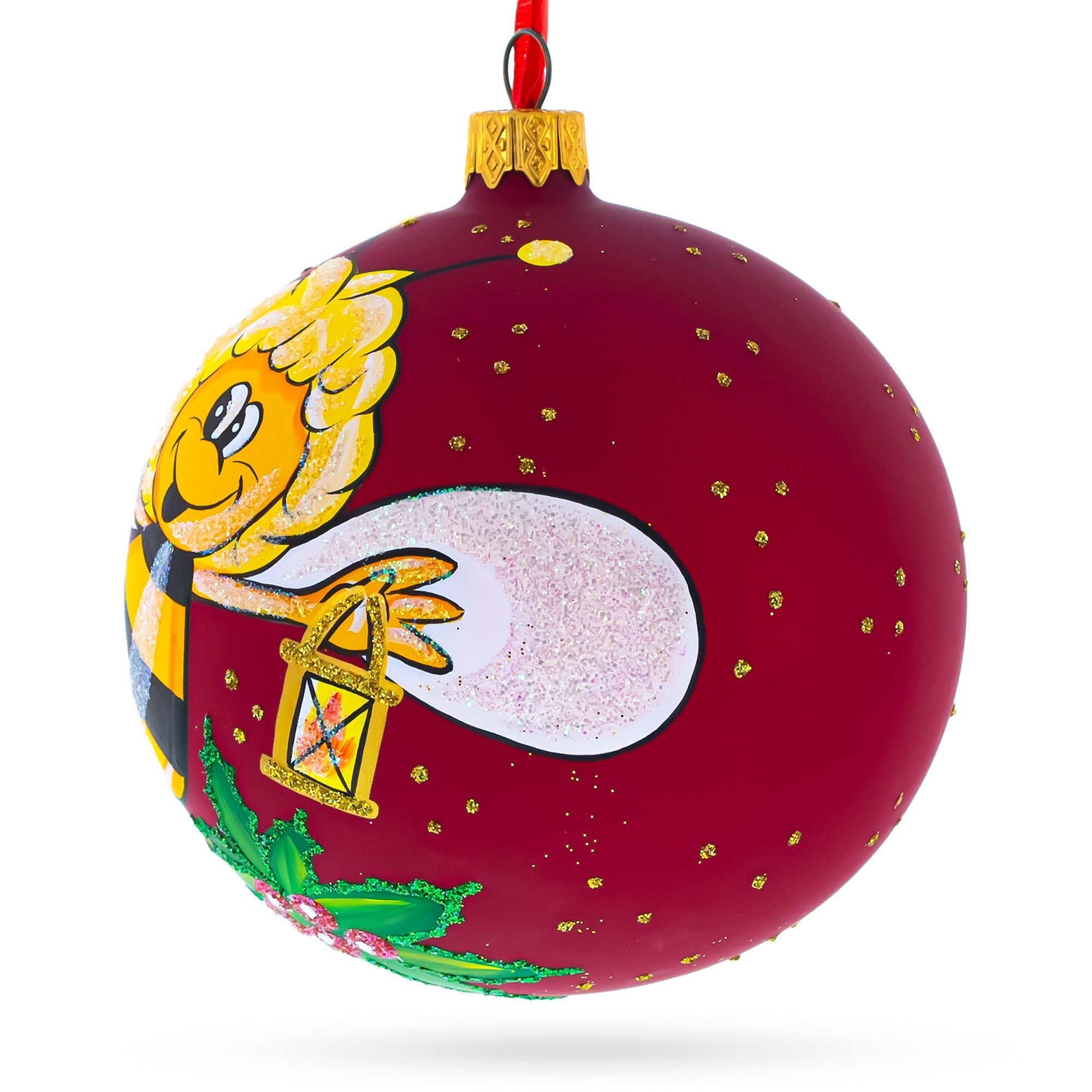 Buzzing Bee in Flight Collecting Honey Glass Ball Christmas Ornament 3.25 Inches