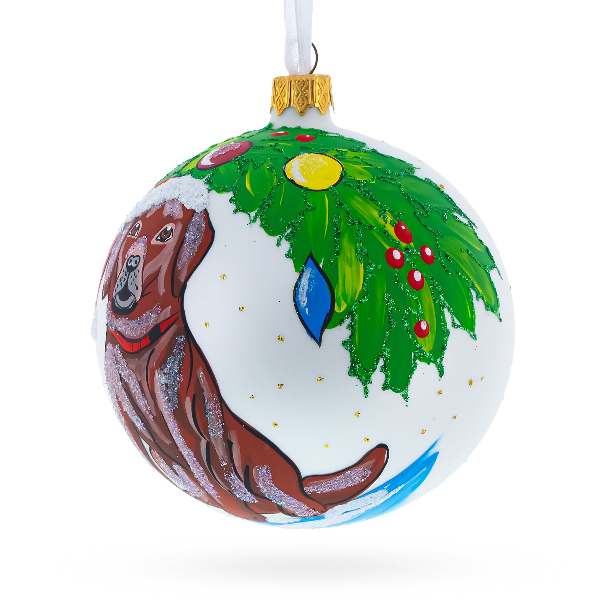 Chocolate Labrador in Santa Hat Glass Ball Christmas Ornament 4 Inches