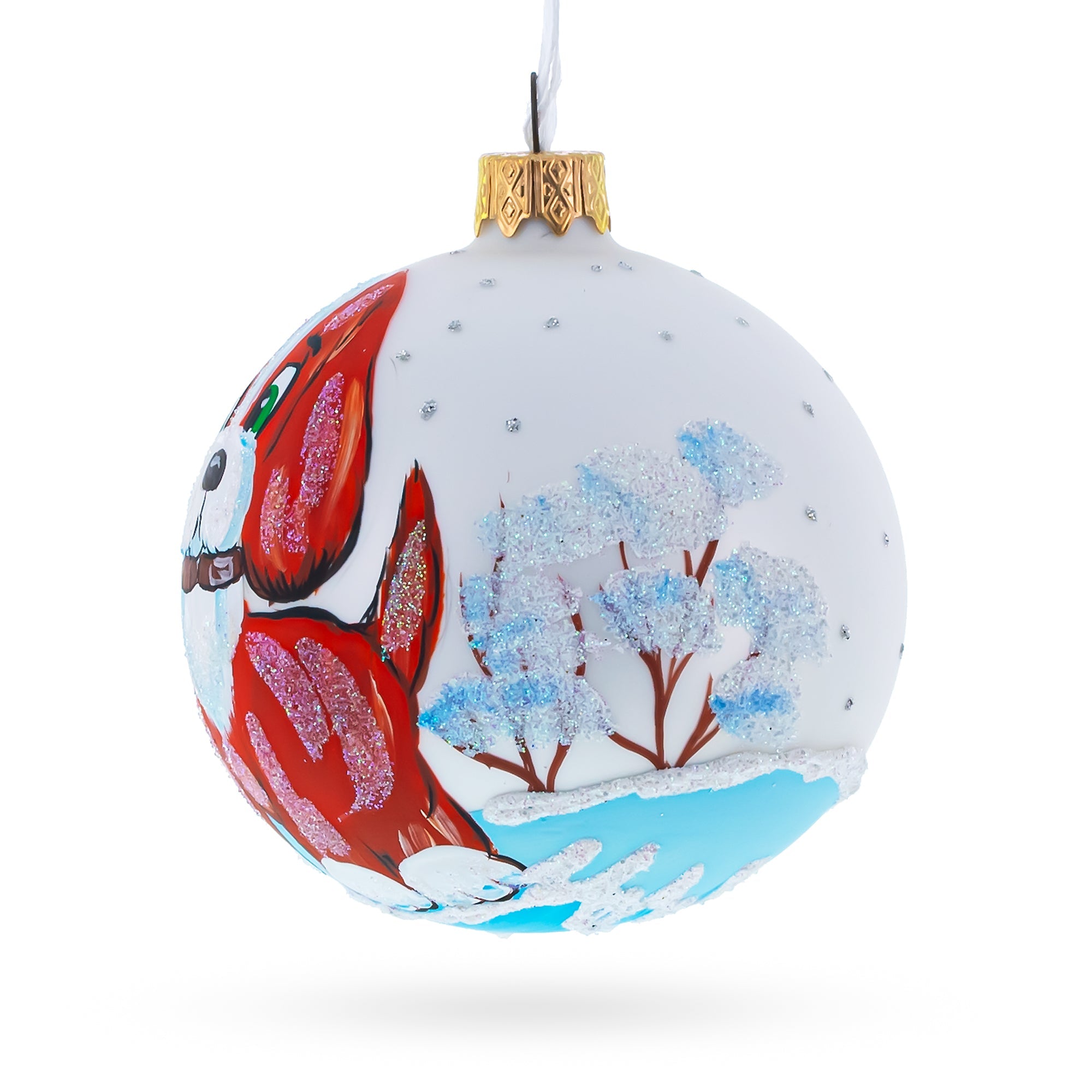 Puppy on the Snow Glass Christmas Ornament 3.25 Inches