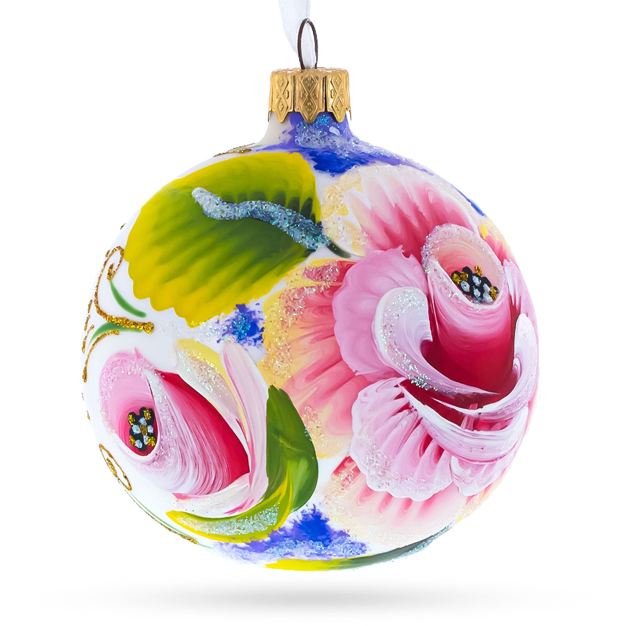 Exquisite Roses Glass Ball Christmas Ornament 3.25 Inches