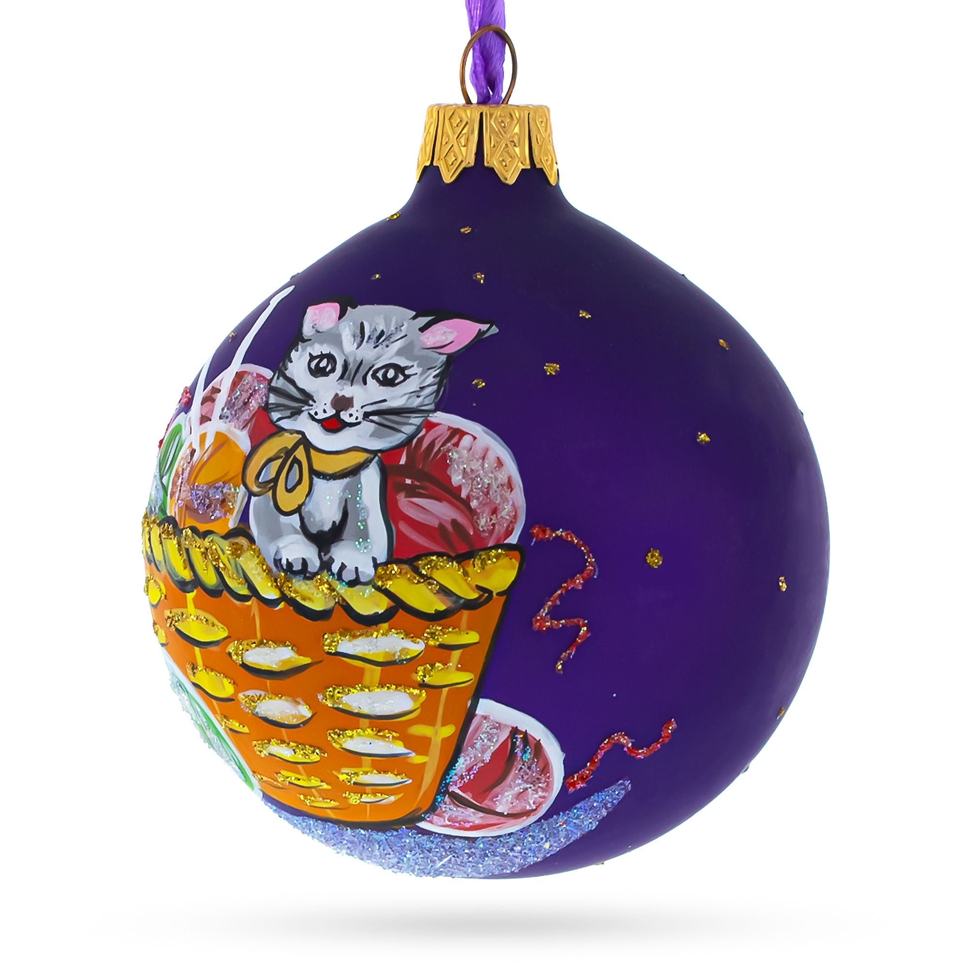 Kitten with Yarn Balls Glass Christmas Ornament 3.25 Inches