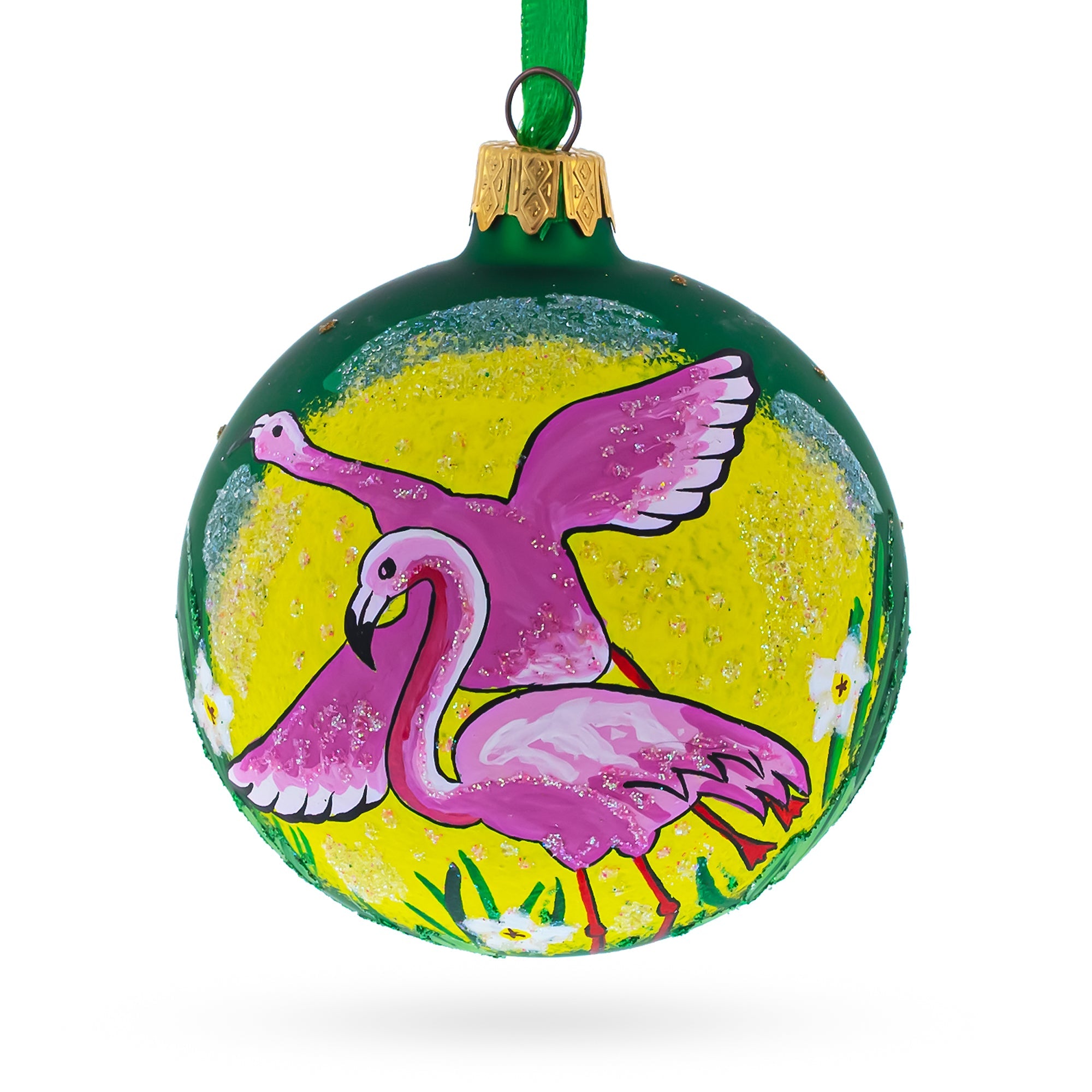 Pink Flamingos Glass Christmas Ornament 3.25 Inches