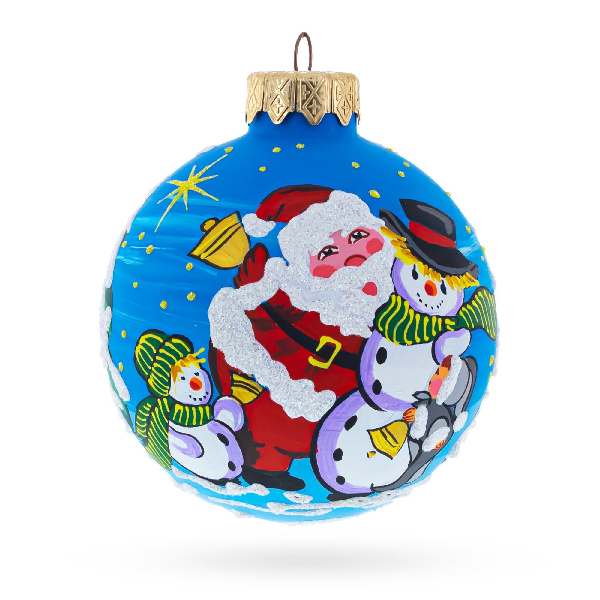 Santa and Two Snowmen Glass Ball Christmas Ornament 3.25 Inches