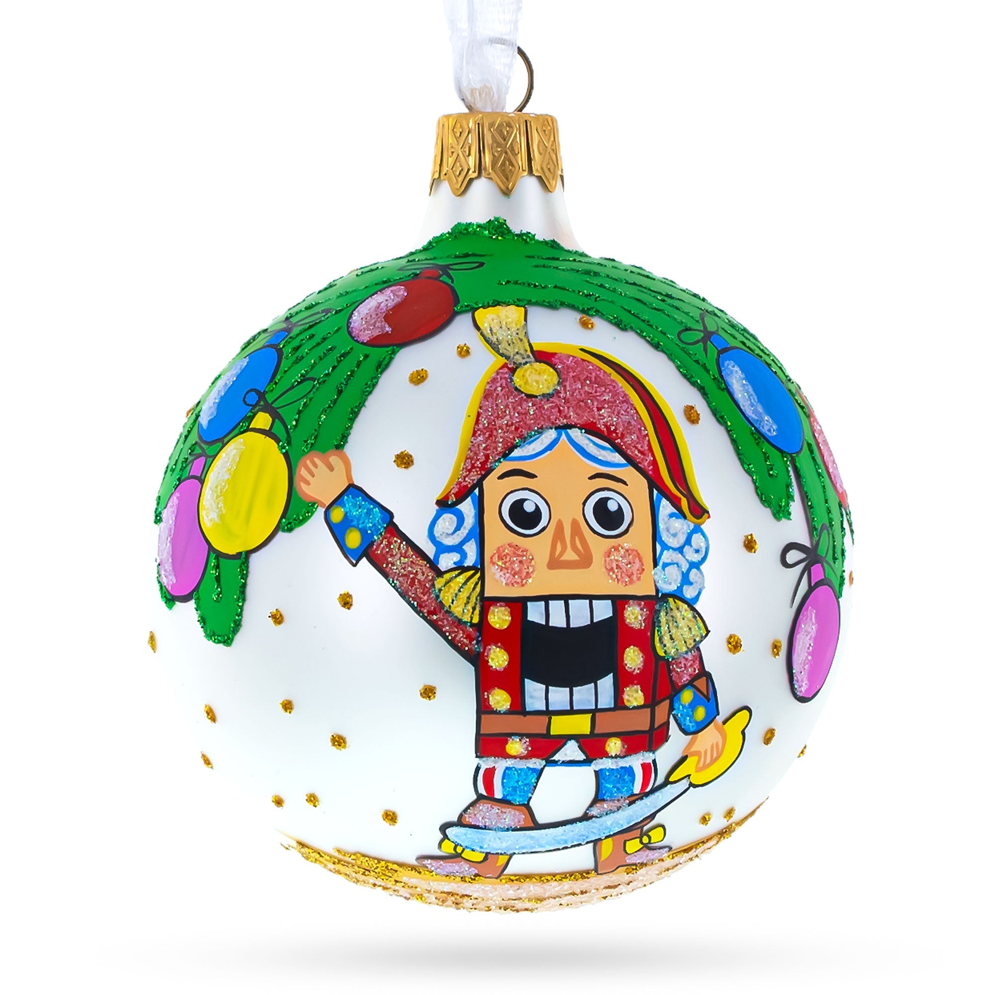 Nutcracker and Christmas Tree Glass Ball Ornament 3.25 Inches