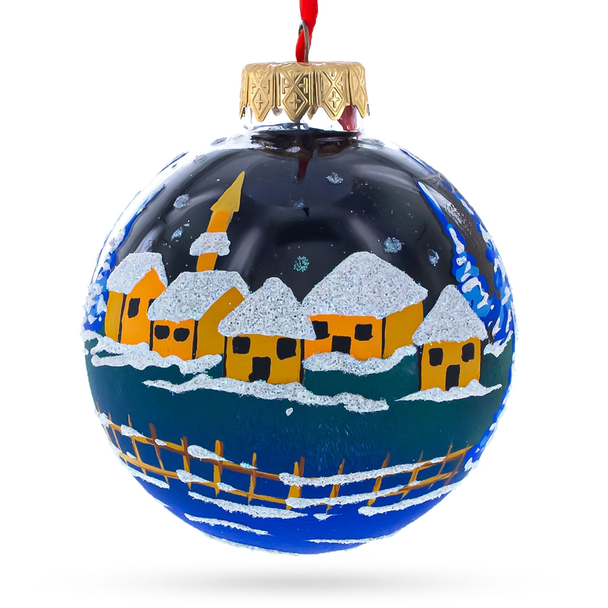 Santa's Moonlit Sleigh Ride with Reindeer Glass Ball Christmas Ornament 3.25 Inches