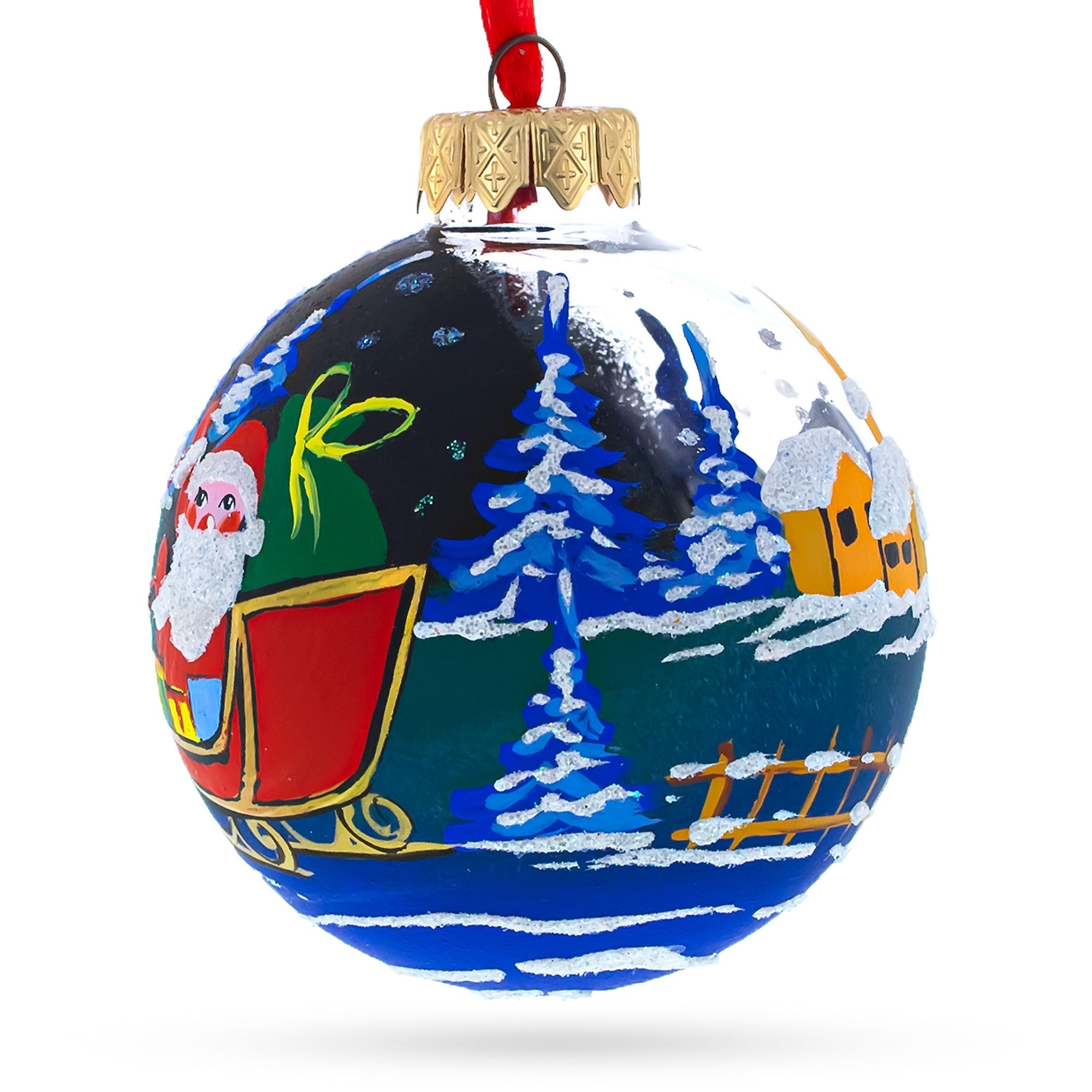 Santa's Moonlit Sleigh Ride with Reindeer Glass Ball Christmas Ornament 3.25 Inches