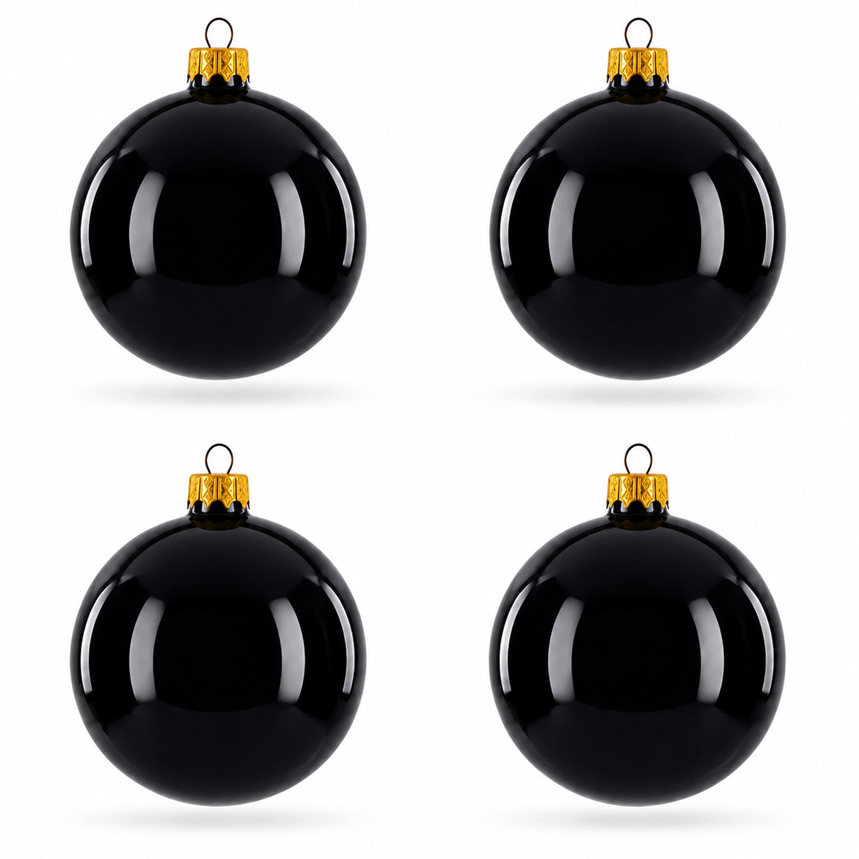 Set of 4 Glossy Black Glass Ball Christmas Ornaments 4 Inches