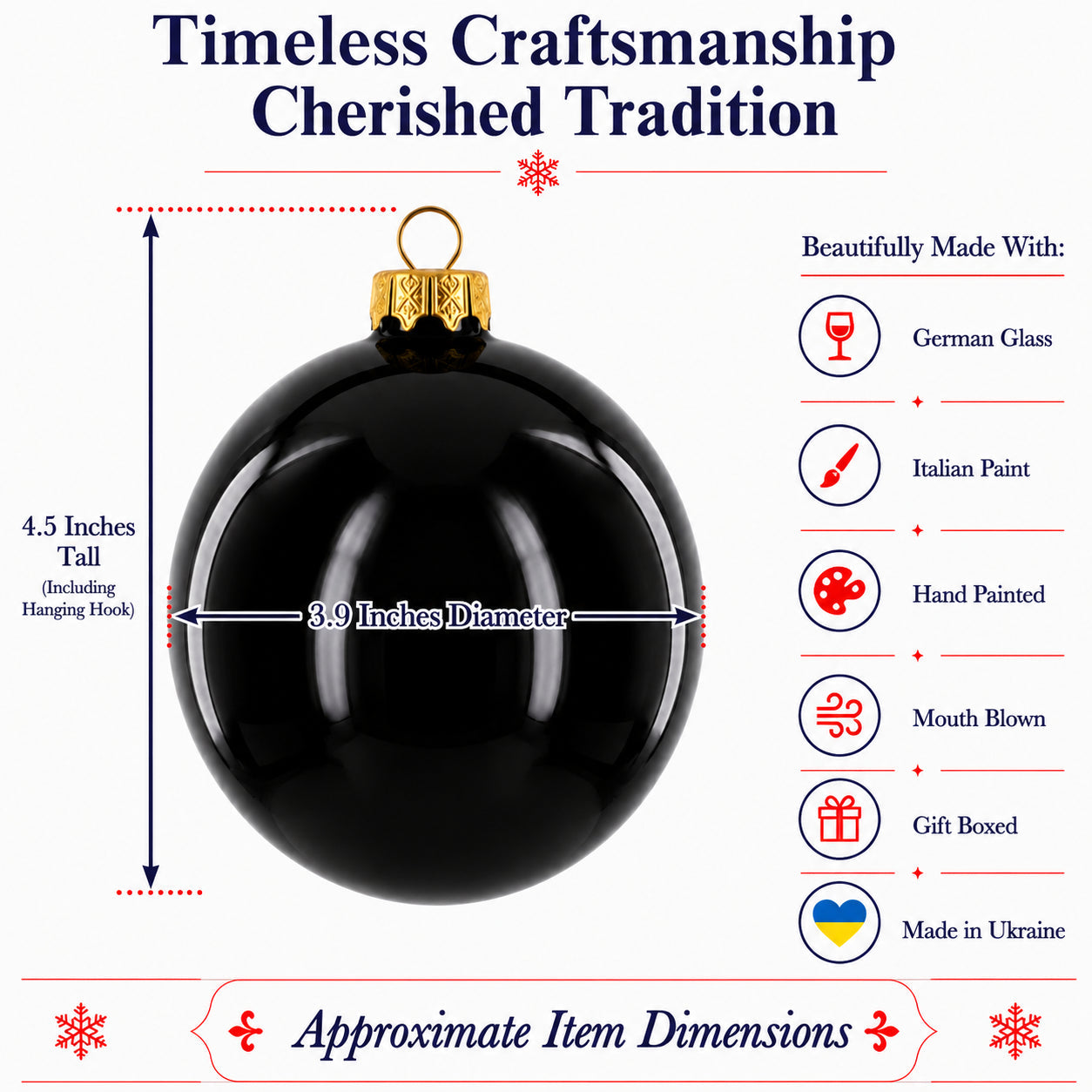 Set of 4 Glossy Black Glass Ball Christmas Ornaments 4 Inches