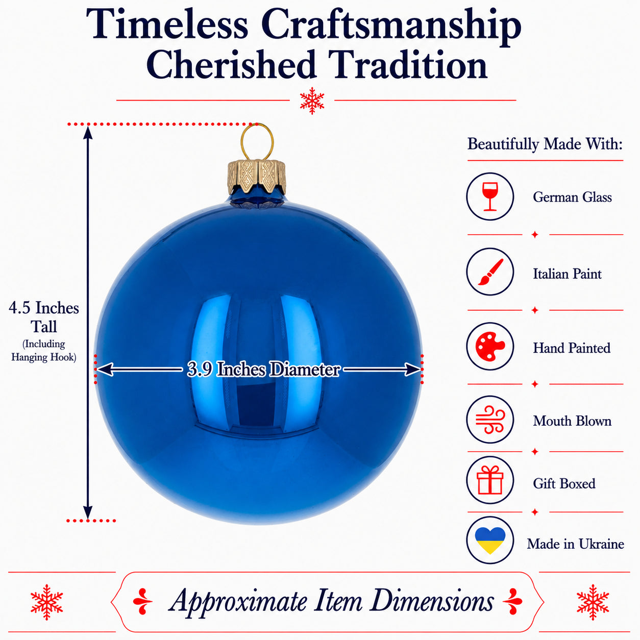 Set of 4 Glossy Blue Glass Ball Christmas Ornaments 4 Inches