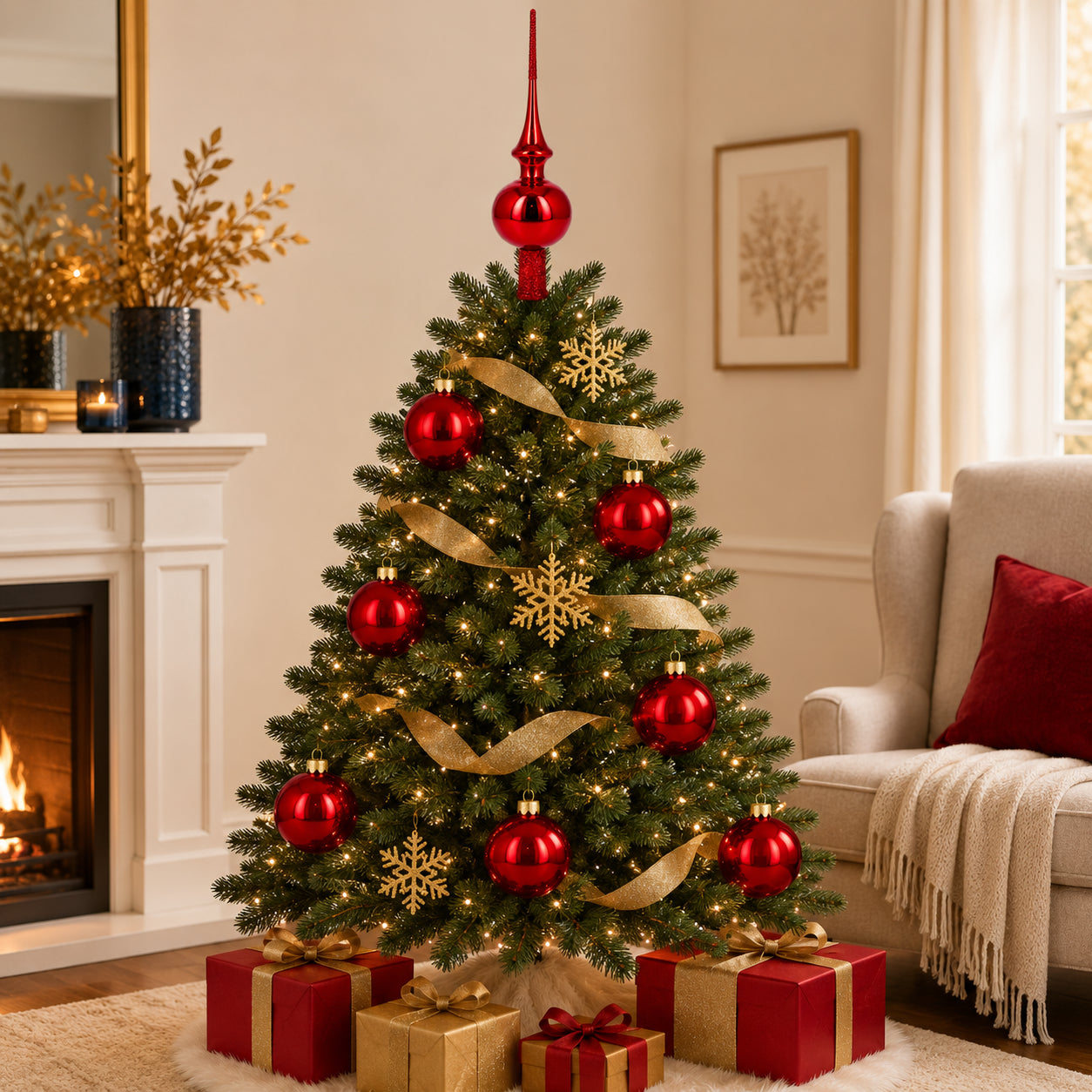 Set of 4 Glossy Red Glass Ball Christmas Ornaments 4 Inches