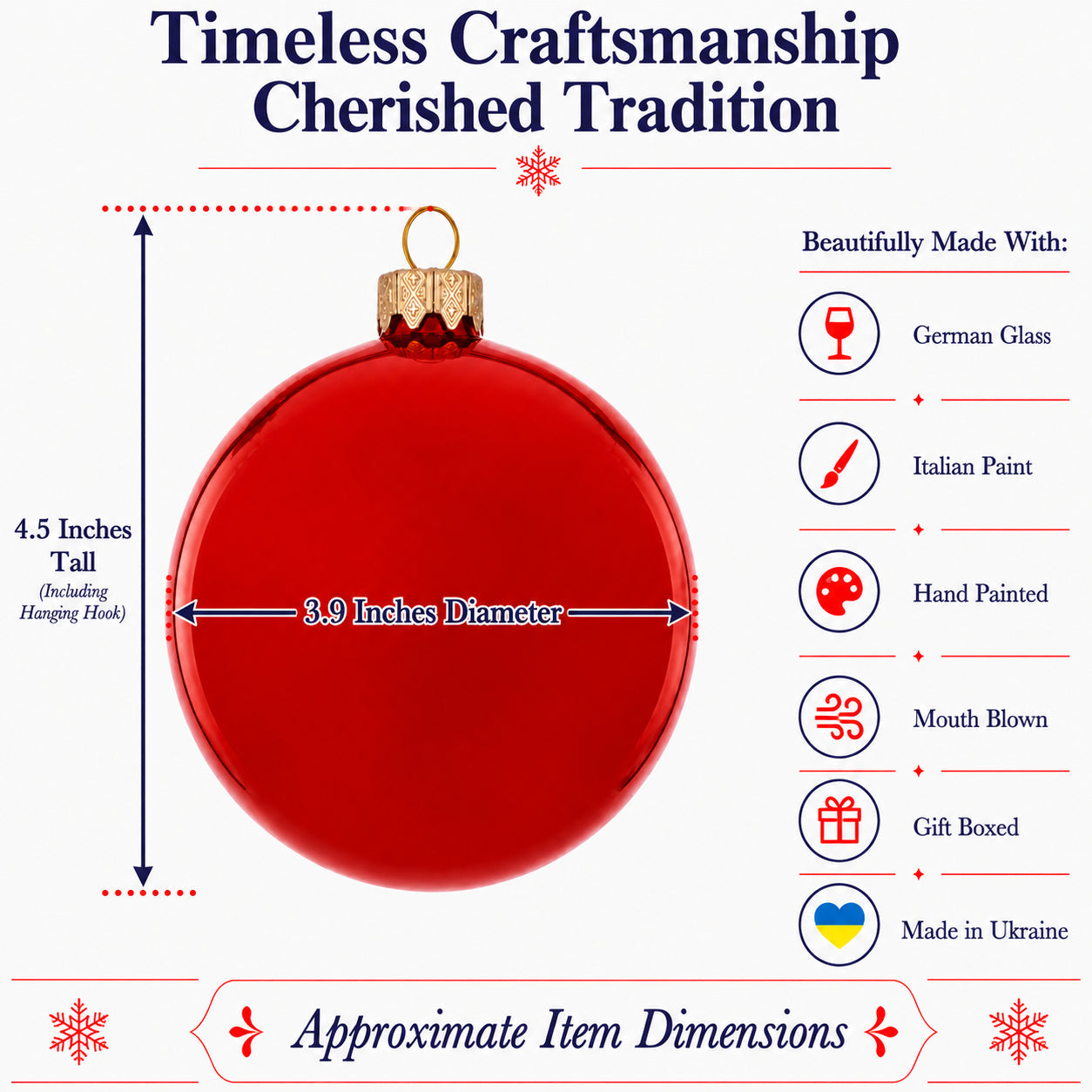 Set of 4 Glossy Red Glass Ball Christmas Ornaments 4 Inches