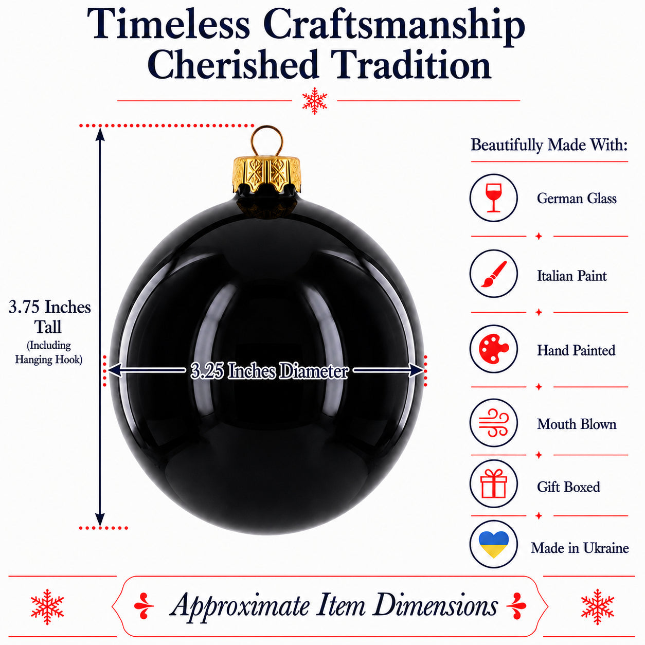 Black Glossy Glass Ball Christmas Ornament 3.25 Inches