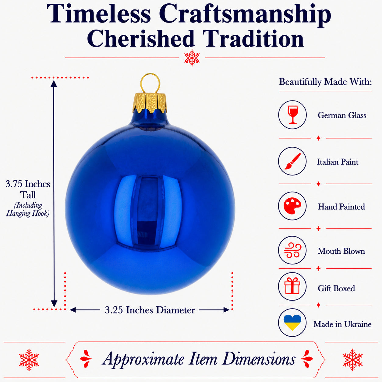 Set of 6 Glossy Blue Glass Ball Christmas Ornaments 3.25 Inches