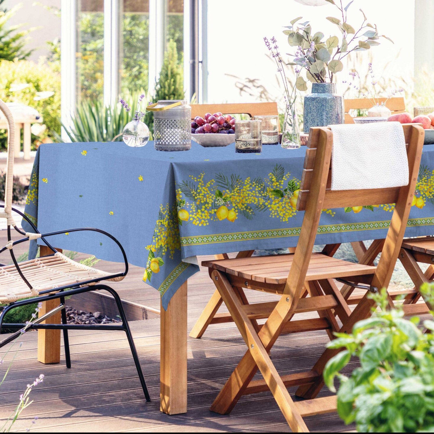 60x96" Rectangular Lemon & Mimosa Blue Coated Cotton Tablecloth by Label France