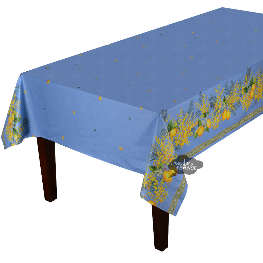 60x96" Rectangular Lemon & Mimosa Blue Coated Cotton Tablecloth by Label France