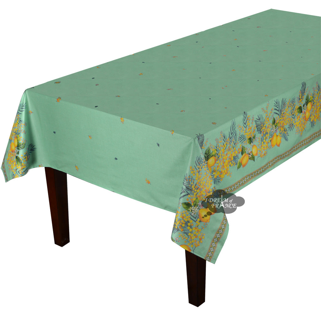 60x138" Rectangular Lemon & Mimosa Green Double-Border Acrylic-Coated Cotton Tablecloth by Label France