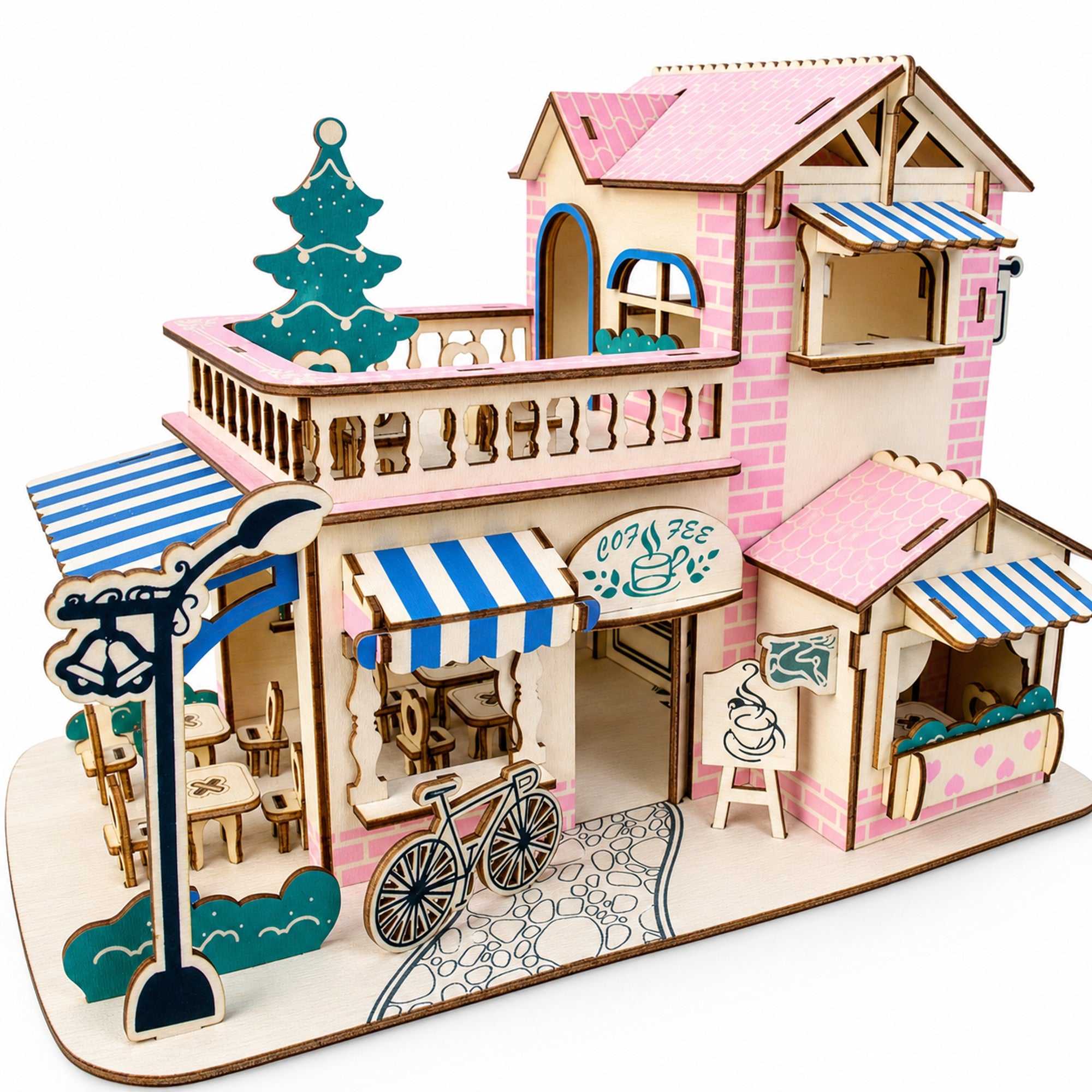 Coffee Shop Building Model Kit - Wooden Laser-Cut 3D Puzzle (161 Pcs)