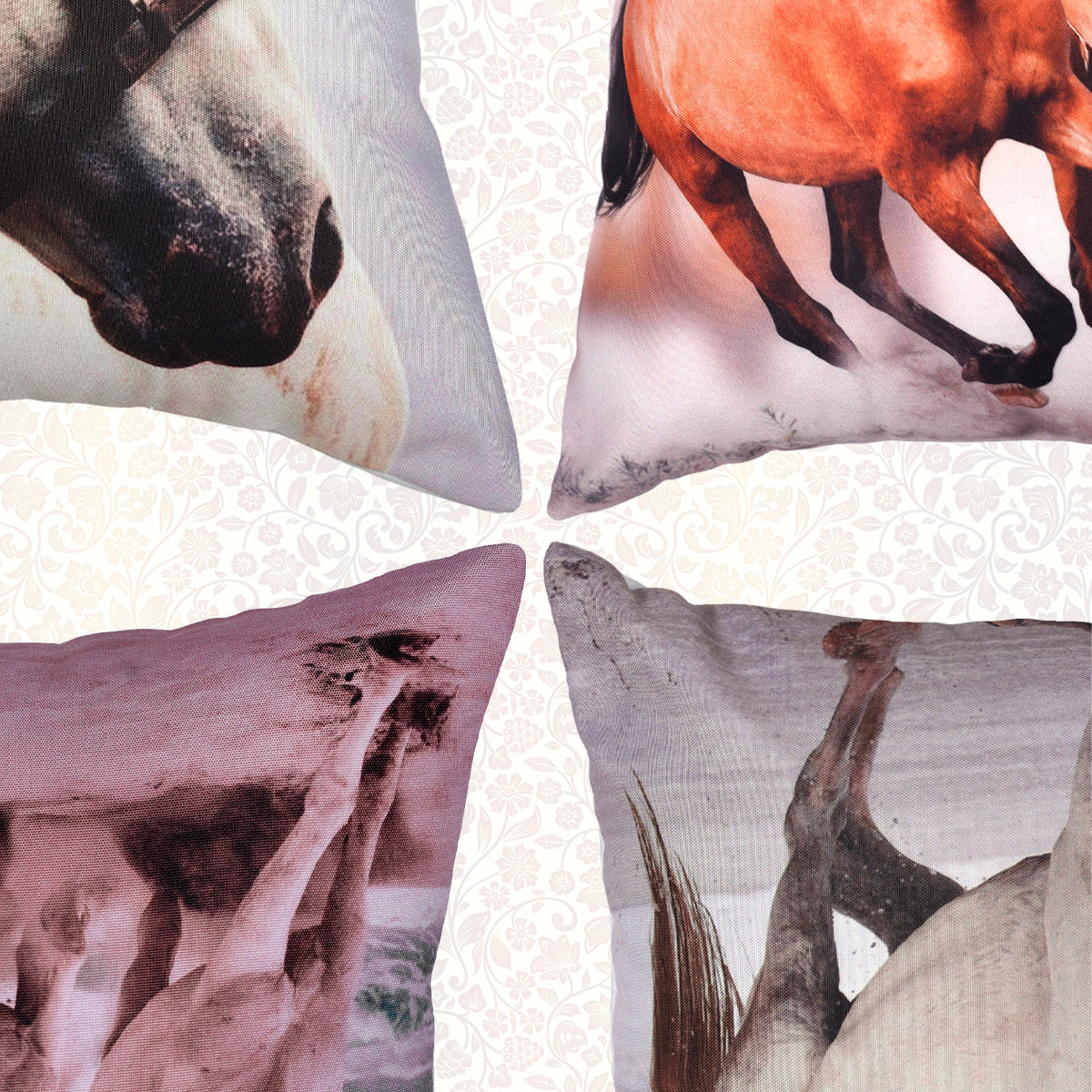 Horse Printed Throw Pillow Cover - Set of 4, 18 x 18 Inches