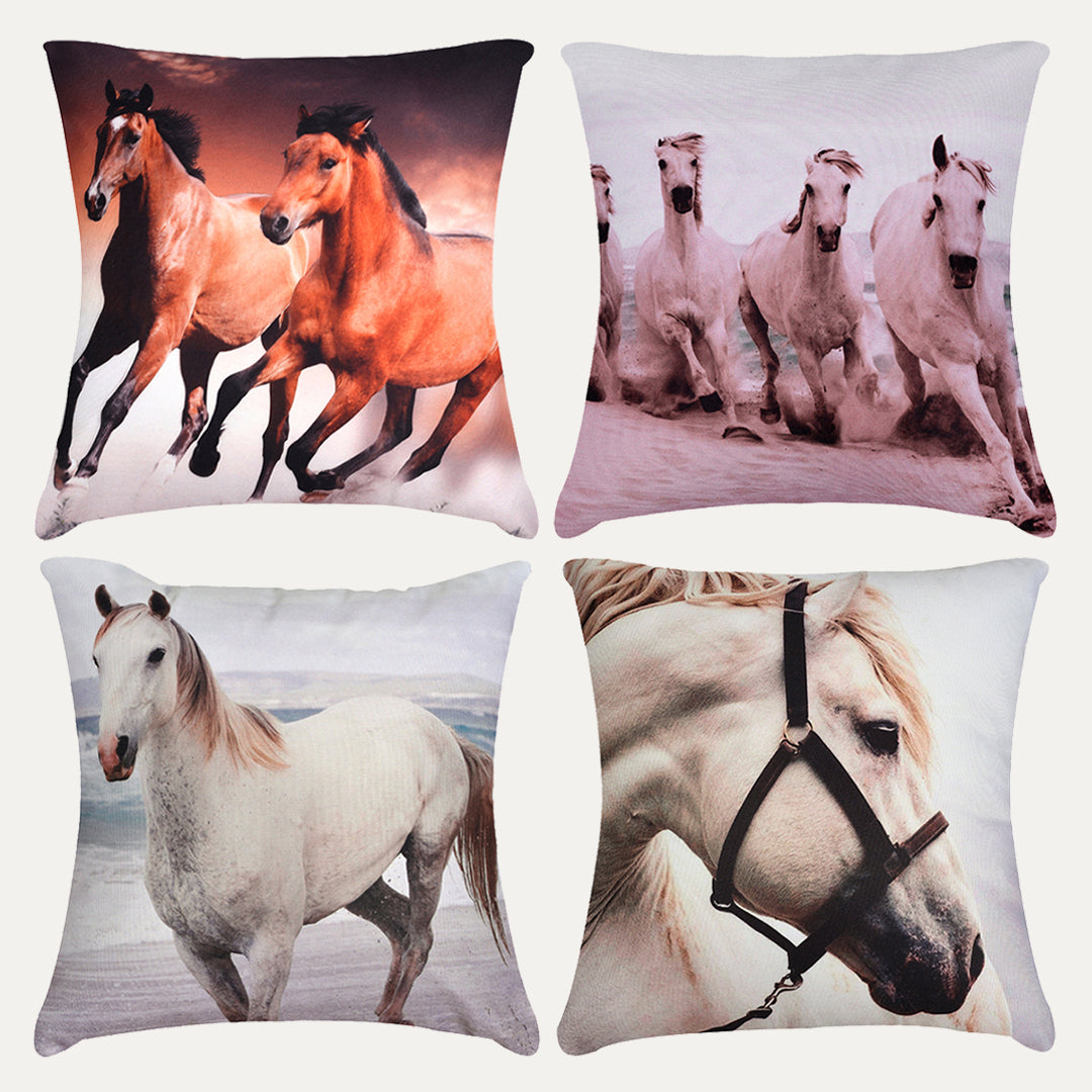 Horse Printed Throw Pillow Cover - Set of 4, 18 x 18 Inches