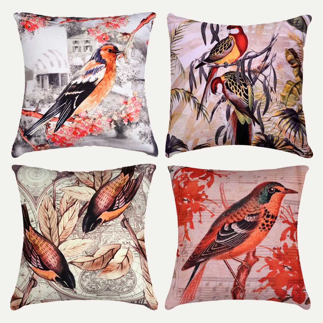 Birds Printed Design Throw Pillow Covers - Set of 4