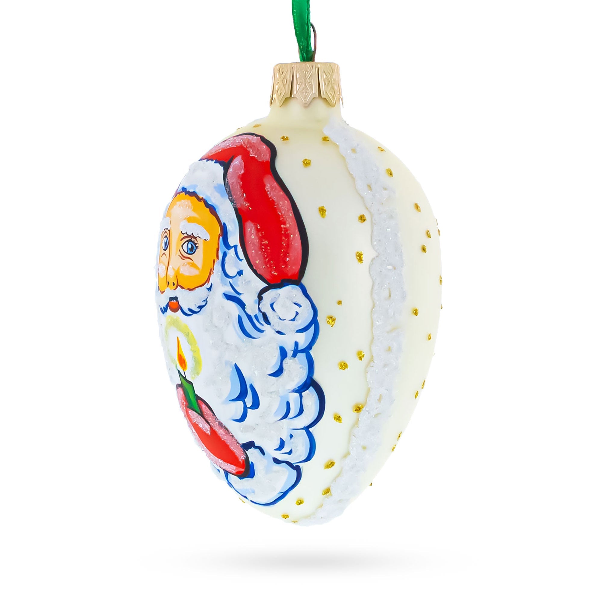 Santa Holding Candle Glass Egg Ornament 4 Inches