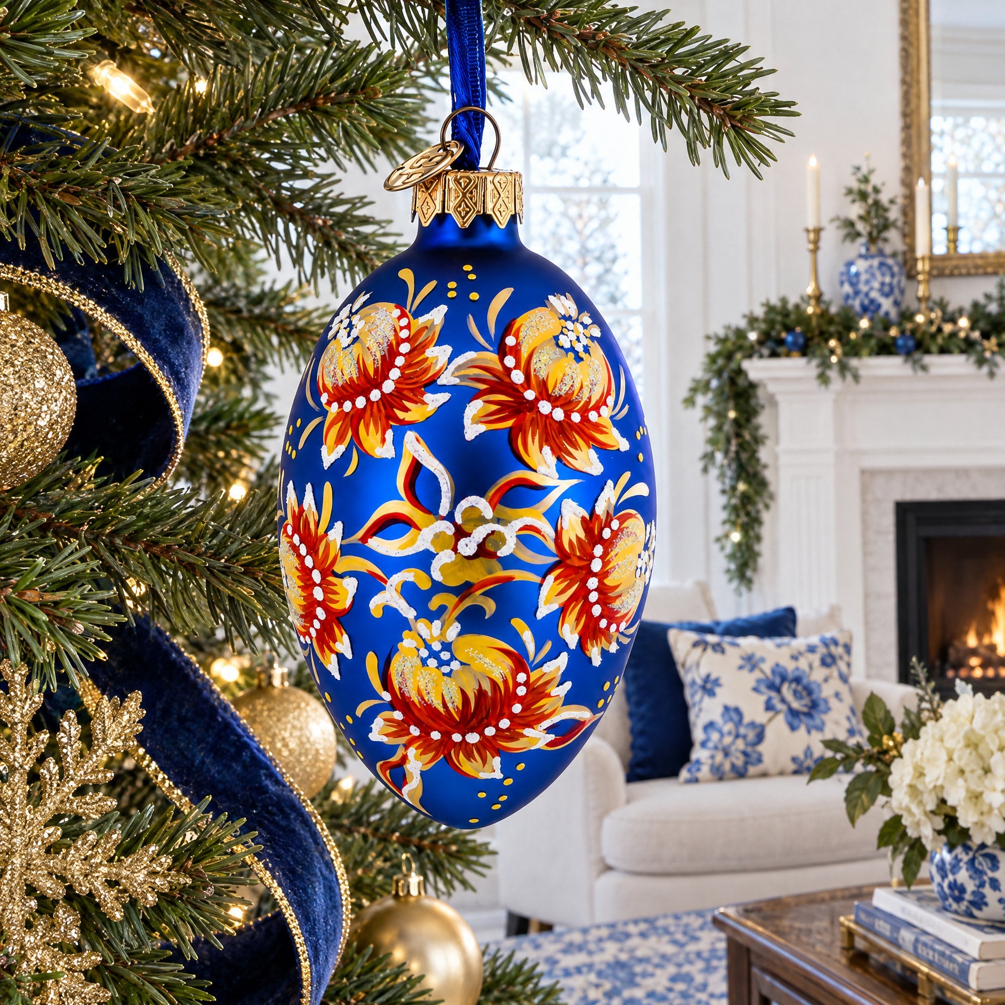 Golden Blue Floral Glass Egg Ornament 4 Inches