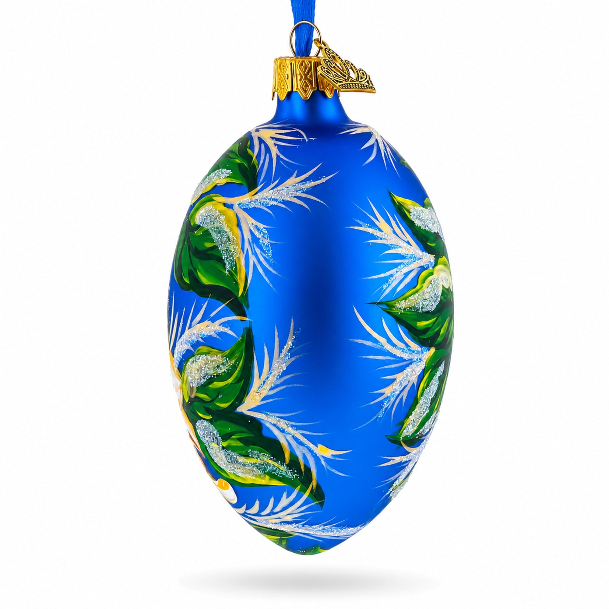 Sunflowers on Blue Glass Egg Ornament 4 Inches