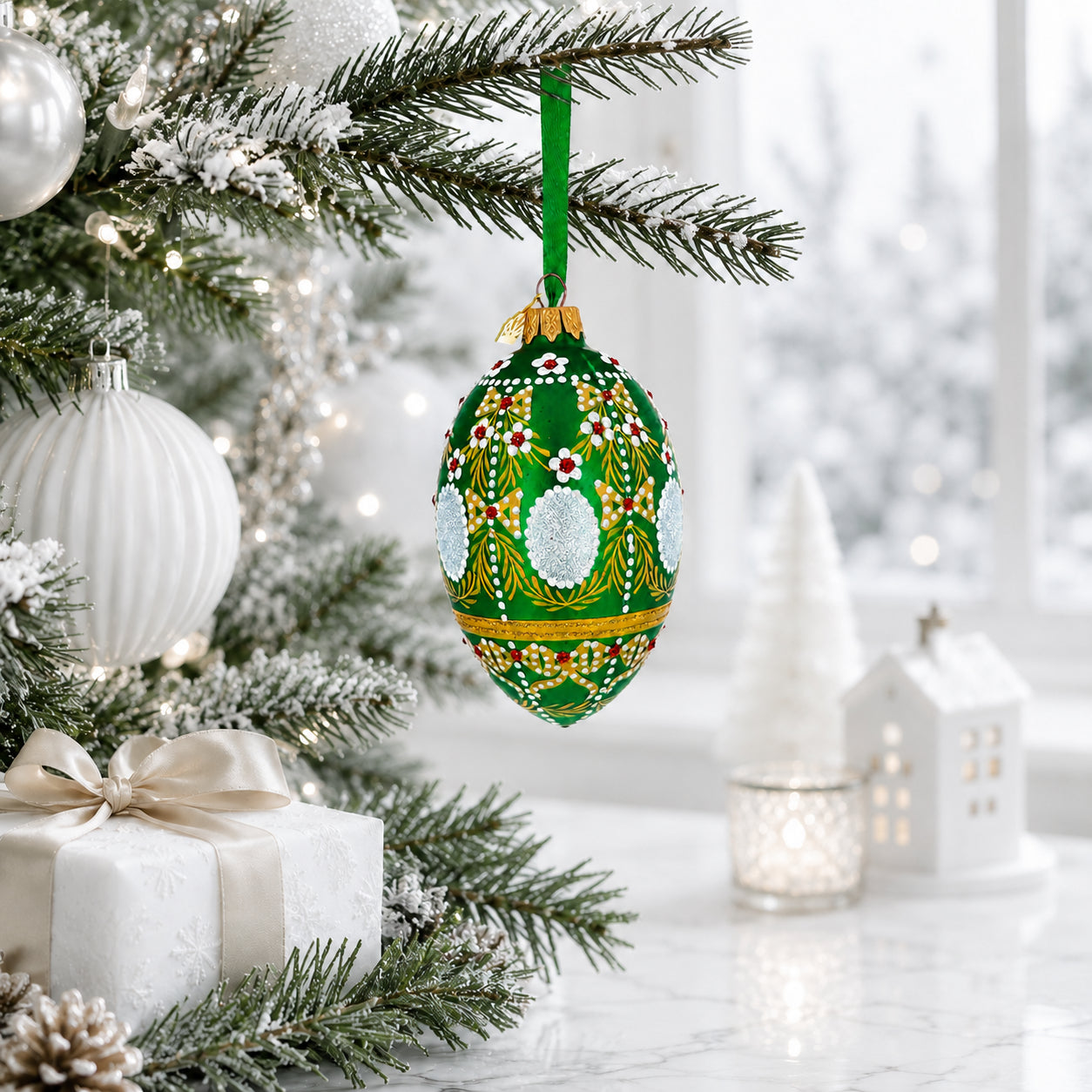 1908 Alexander Palace Royal on Green Egg Glass Ornament 4 Inches