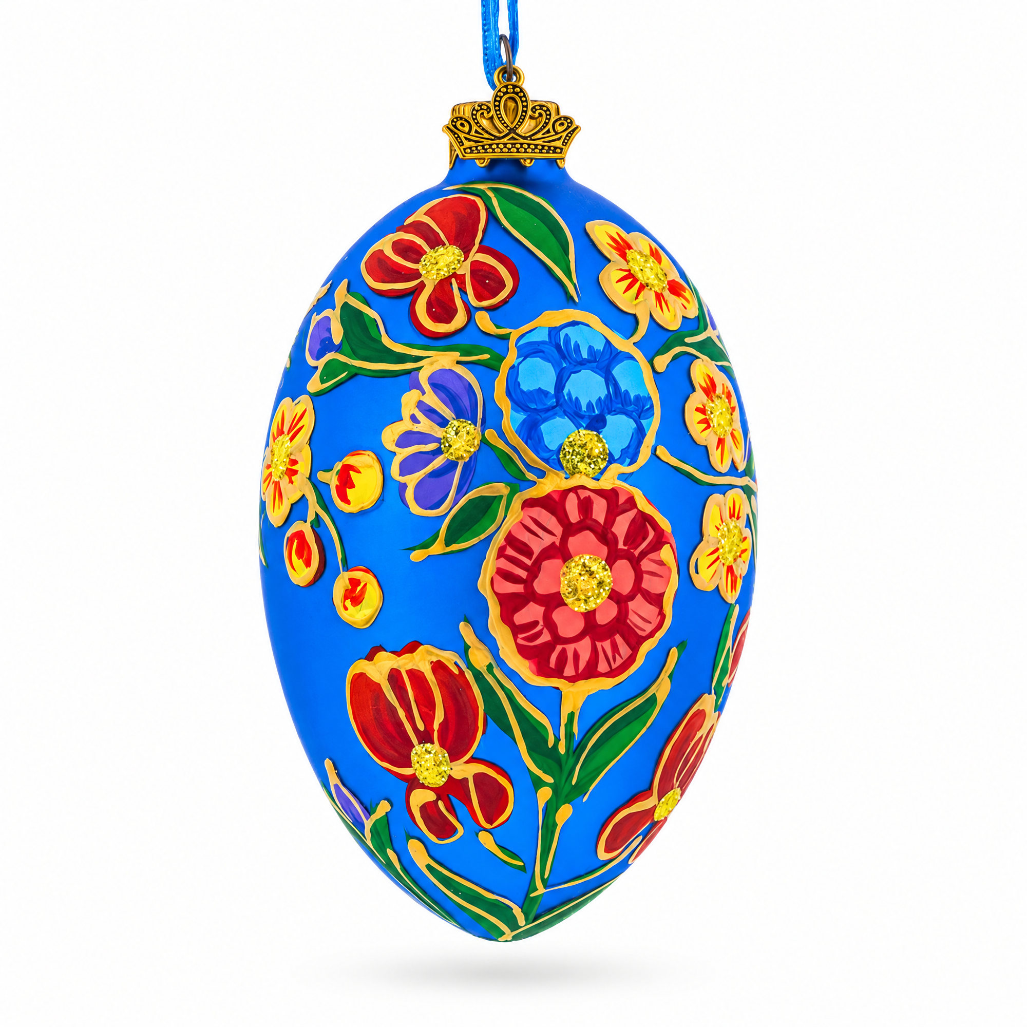 Colorful Flowers on Blue Glass Egg Ornament 4 Inches