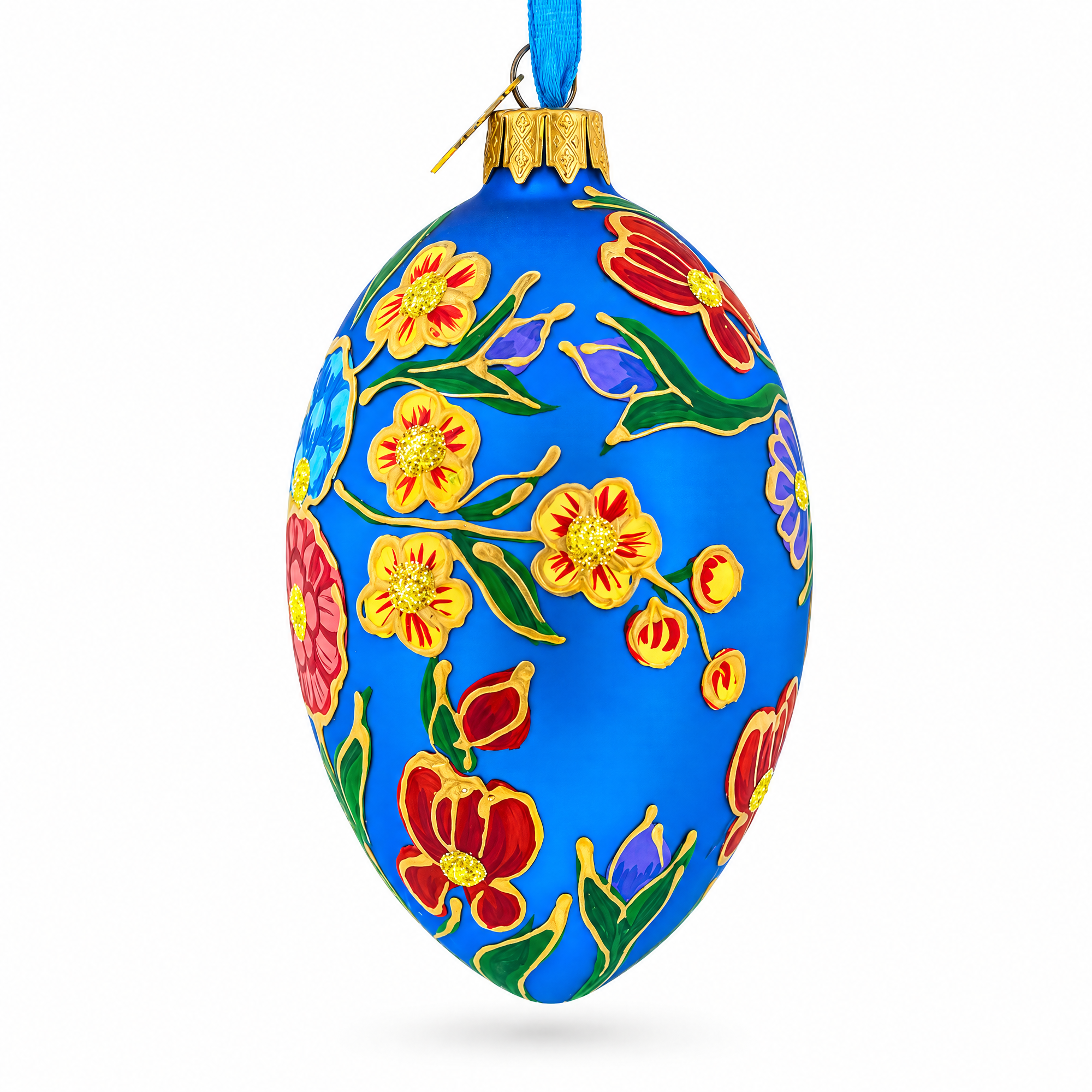 Colorful Flowers on Blue Glass Egg Ornament 4 Inches