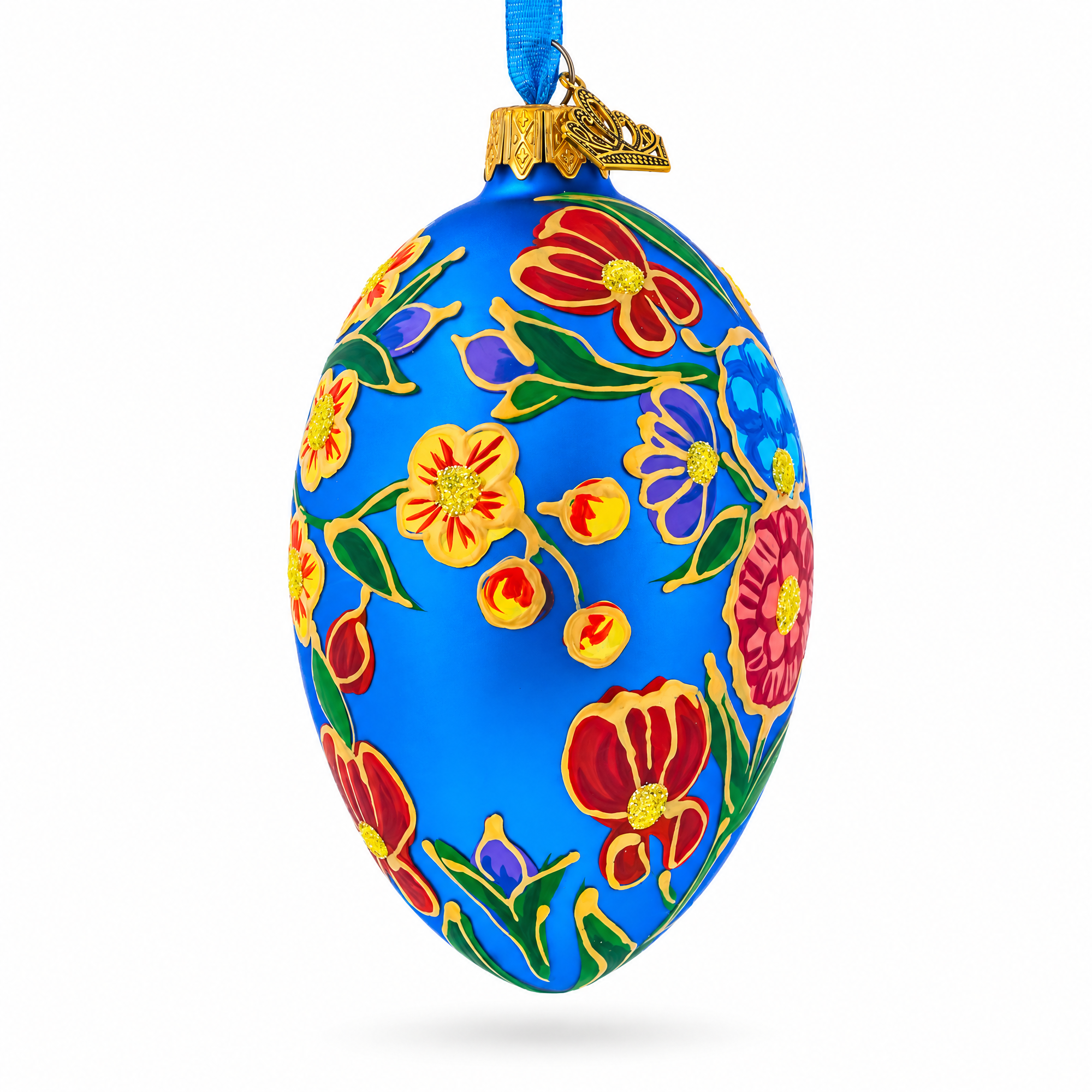 Colorful Flowers on Blue Glass Egg Ornament 4 Inches