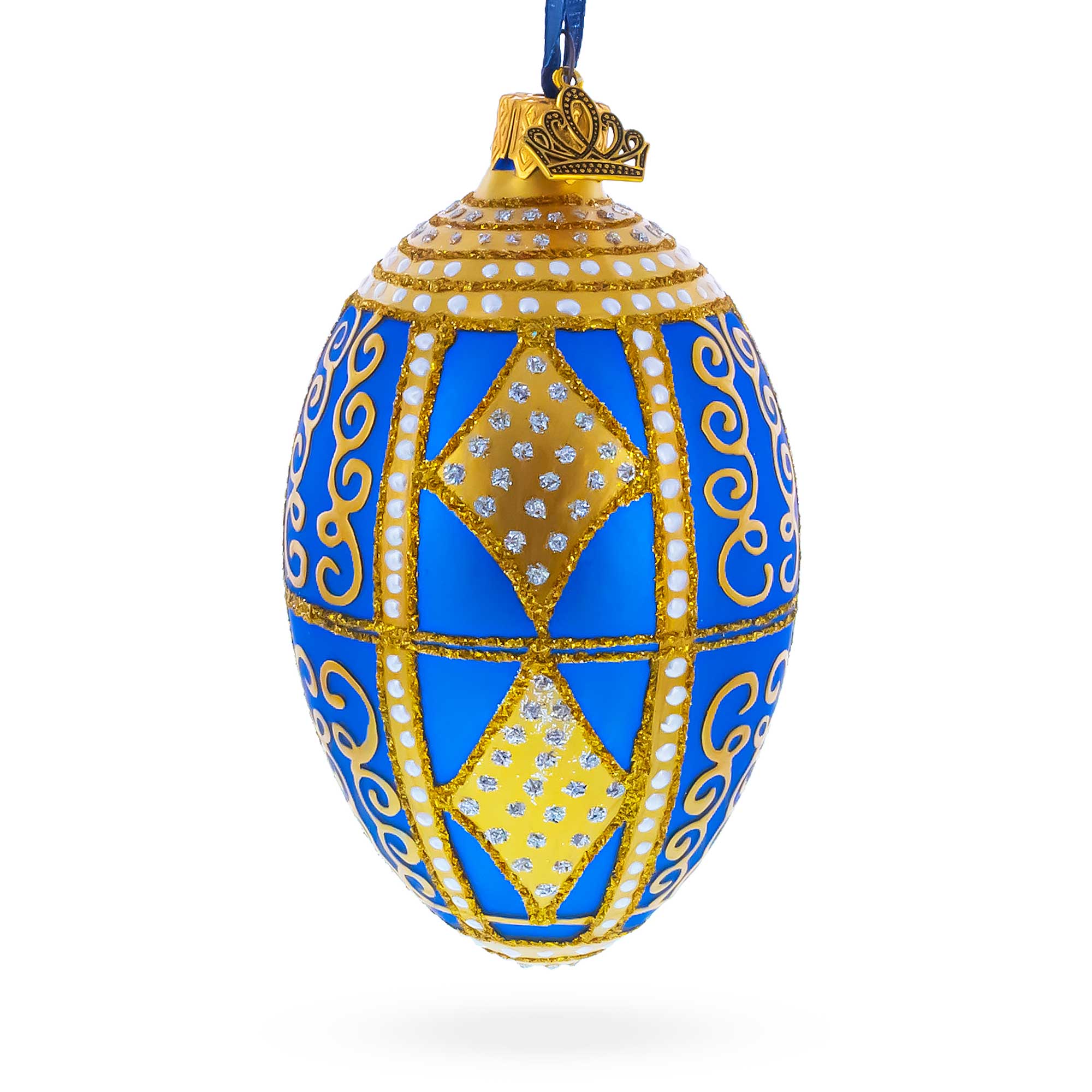 Golden Rhombus Glass Egg Christmas Ornament 4 Inches