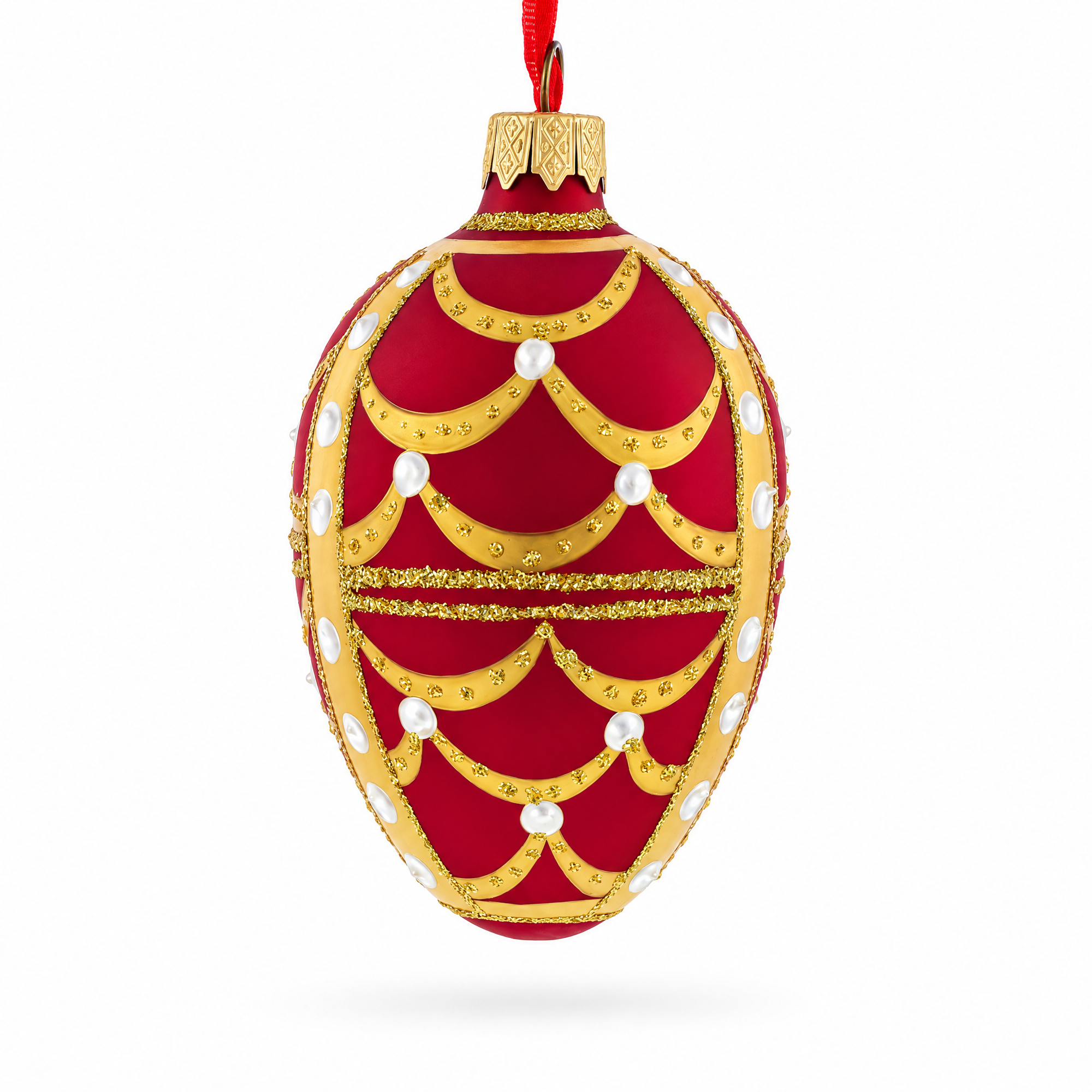 Gold Arches On Red Egg Glass Ornament 4 Inches