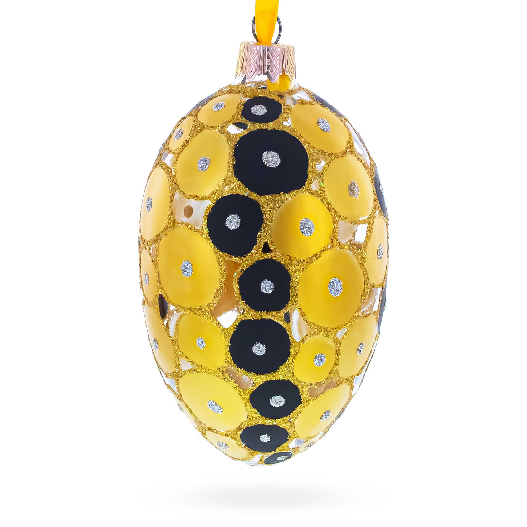 Gold and Black Circles Glass Egg Christmas Ornament 4 Inches