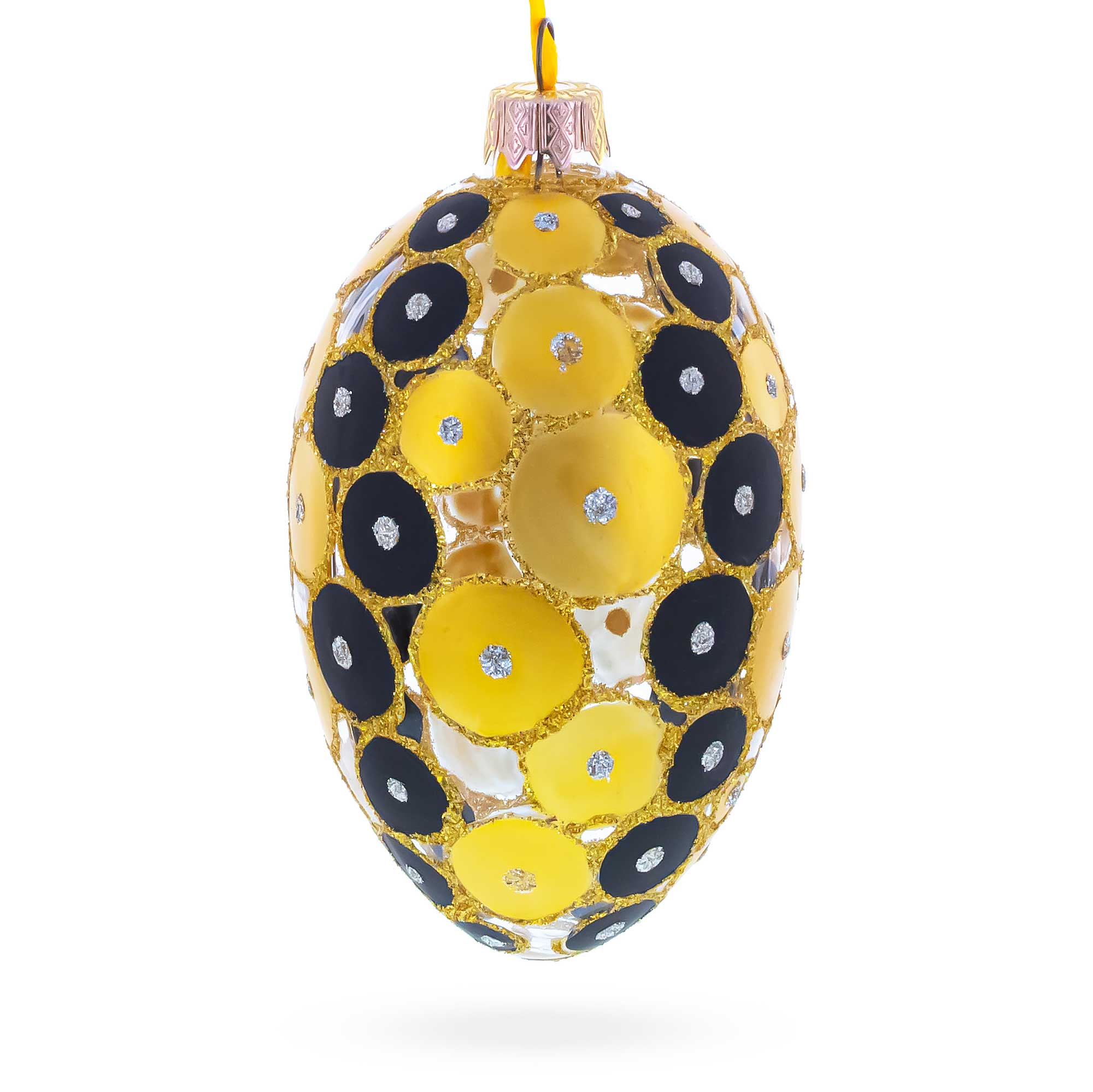 Gold and Black Circles Glass Egg Christmas Ornament 4 Inches