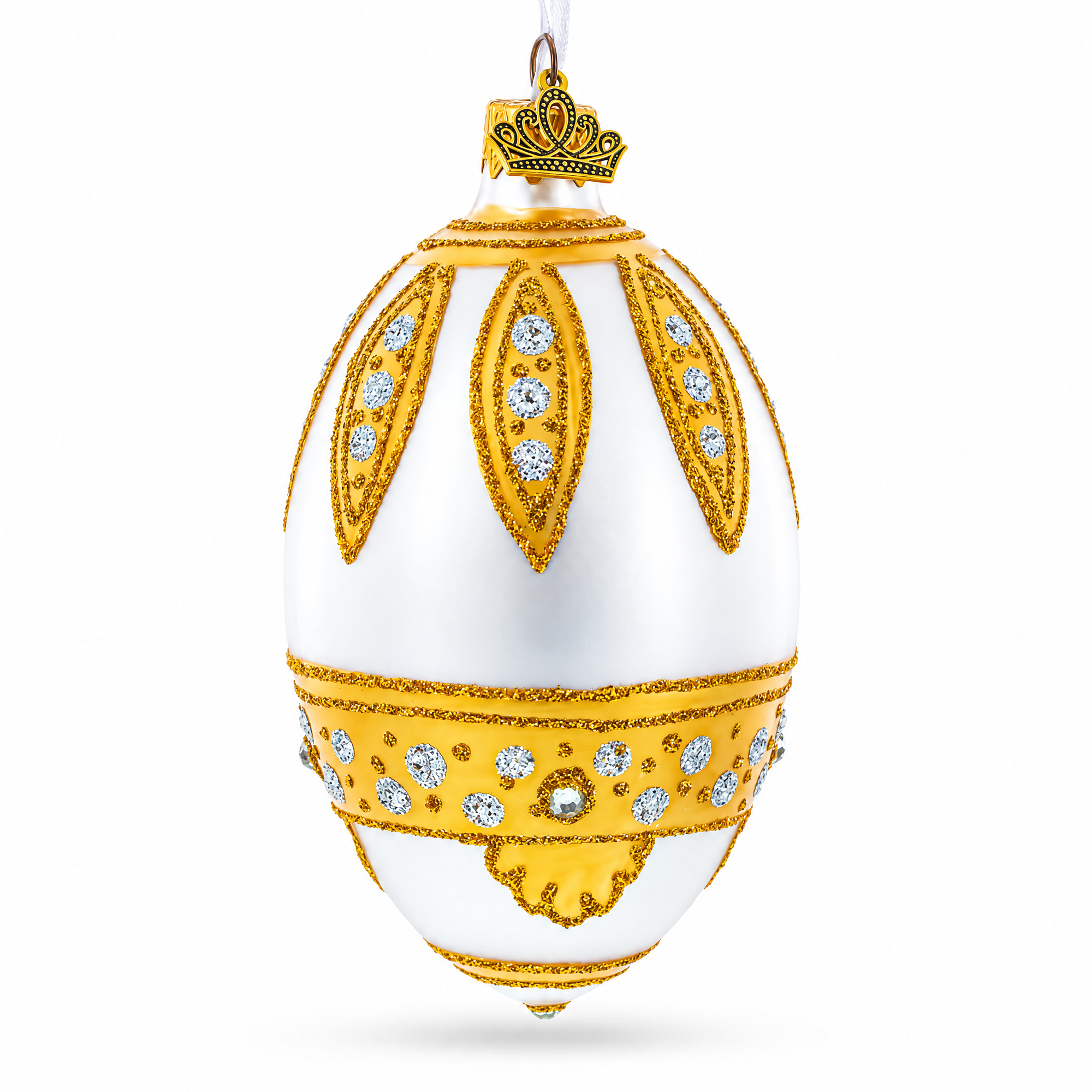 Golden Leaves On White Egg Glass Ornament 4 Inches
